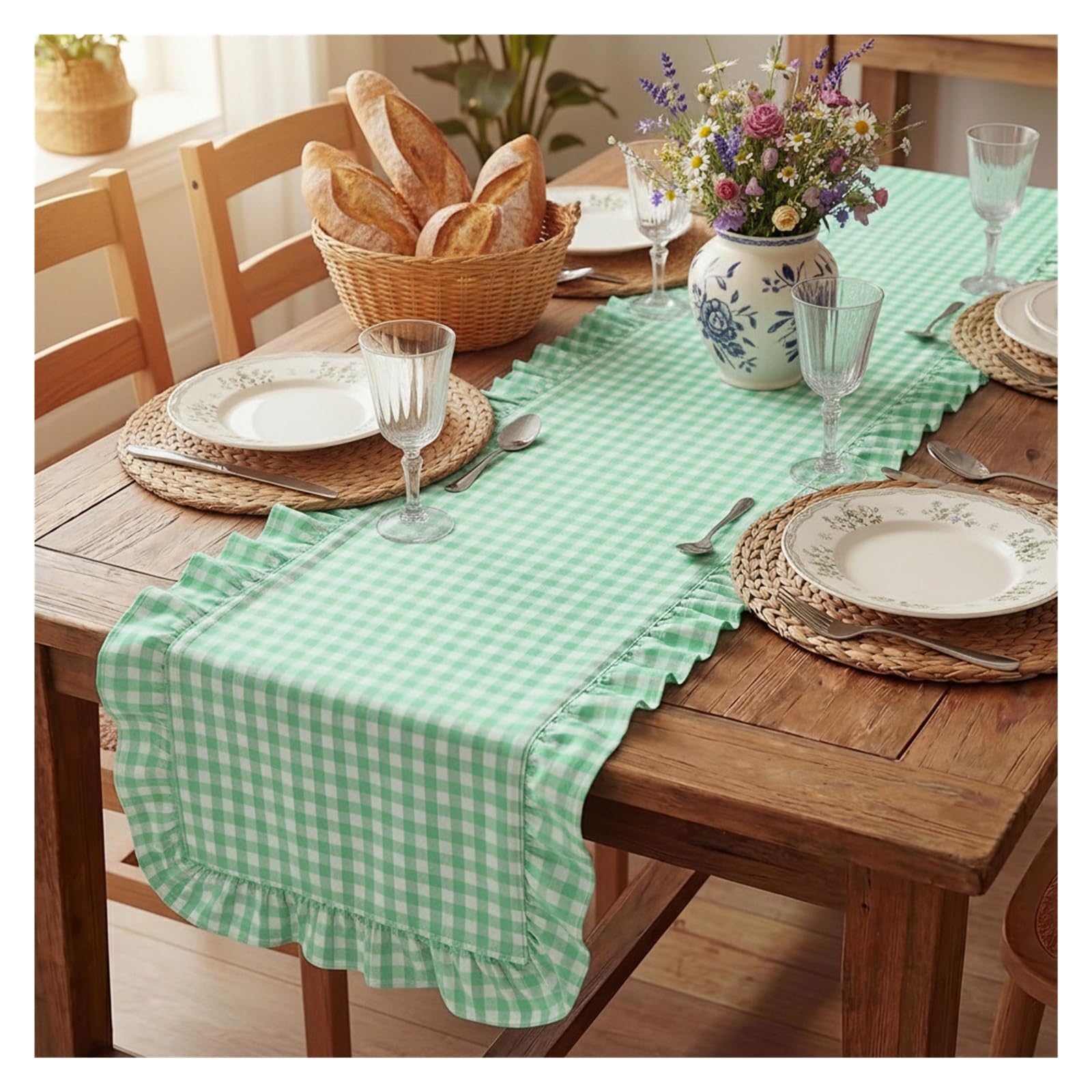 Ruffle Table Runner Ruffled Edge Gingham Plaid Table Runner Farmhouse Checkered Flag for Dining Kitchen Wedding Home(Green,40x140cm)