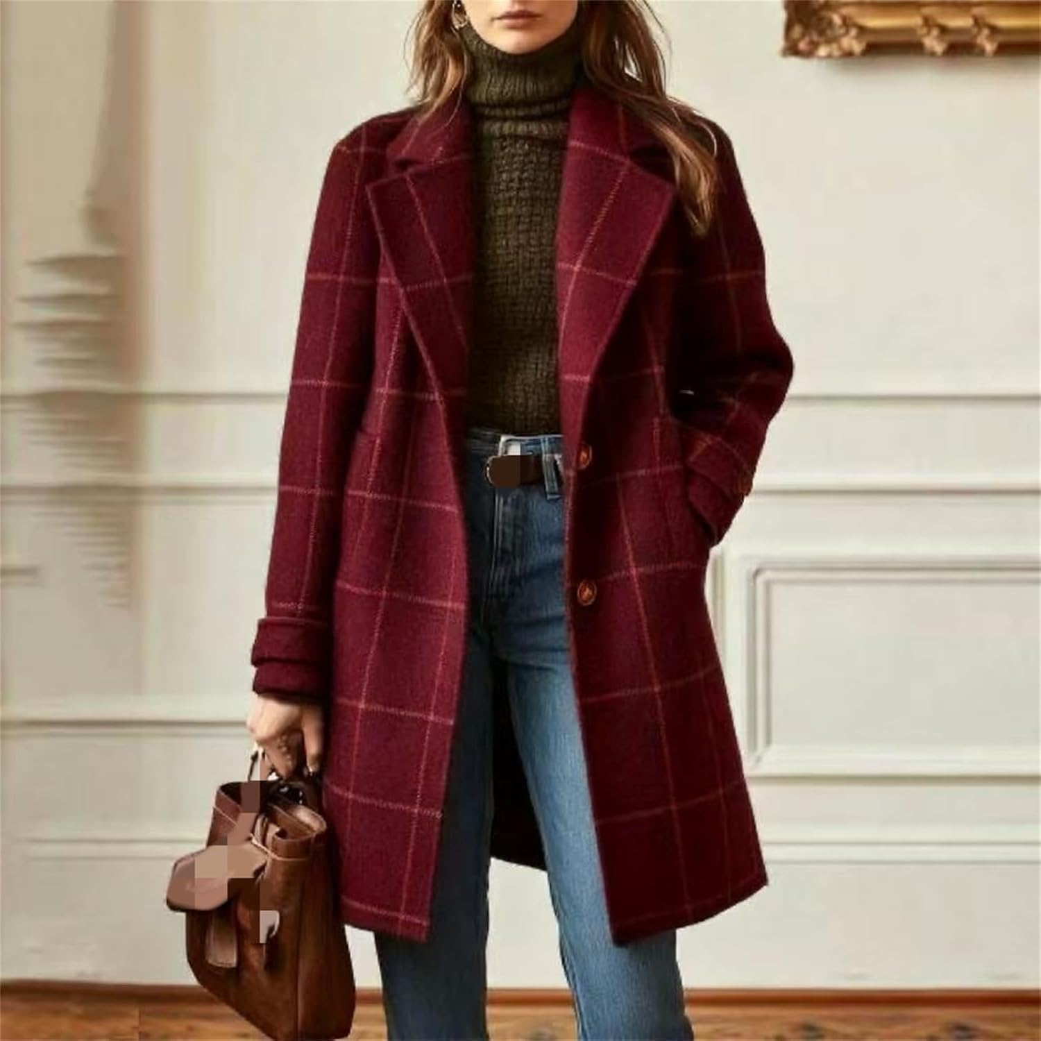 Women's Winter Notched Collar Plaid Trench Coat, Button Down Mid Long Overcoat Outerwear, Trendy Trench Coat