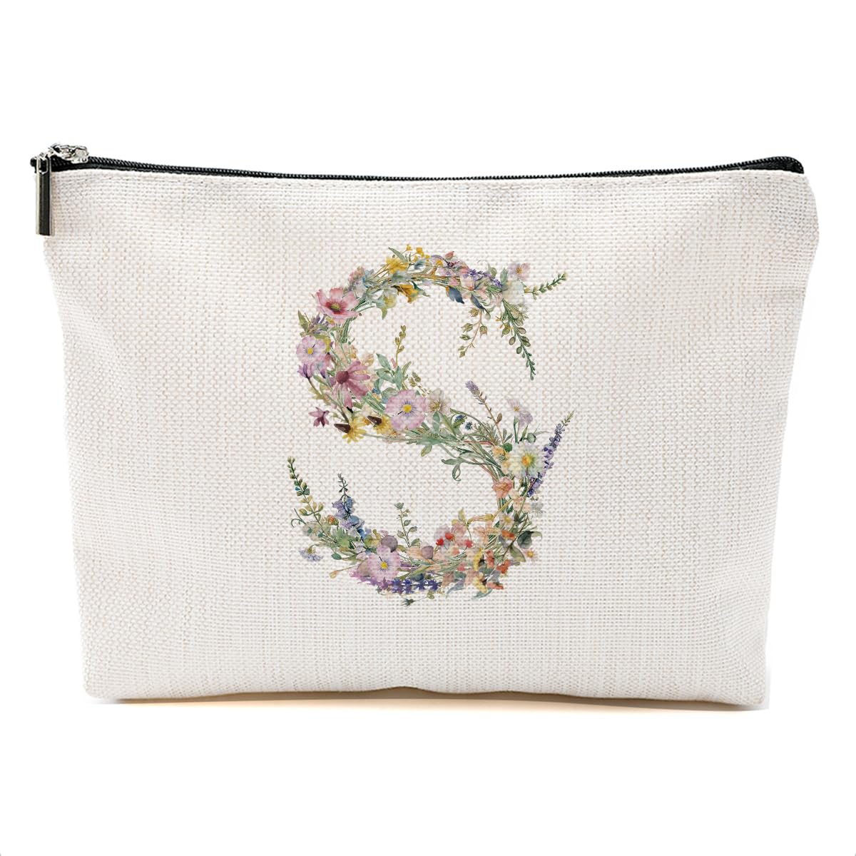 Flowers Initial Makeup Bag Personalized Cosmetic Bag Monogrammed for Women Granny Bride Mom Travel Organizer Zipper Pouch Teacher Christmas Birthday