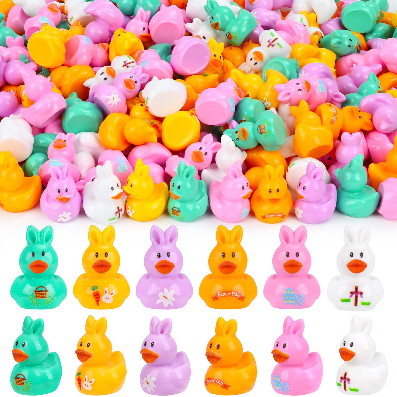 Photo 1 of 120 Pcs Easter Mini Resin Ducks 6 Style Miniature Bunny Ear Duck Figurines Easter Bulk Tiny Ducks for Party Favor Gifts Topper Desk Basket Craft Garden Landscape Ornament Potted Decor