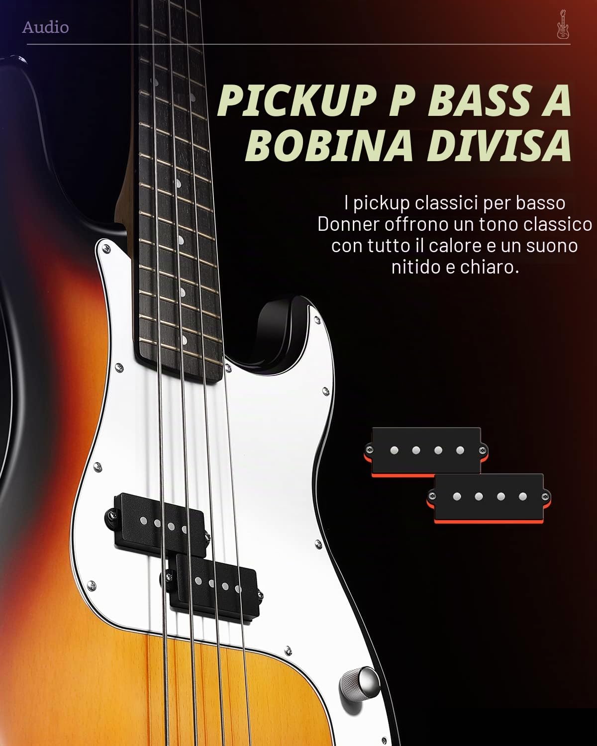 Donner Kit Basso Elettrico 4 corde Sunburst DPB-510S con borsa tracolla cavo