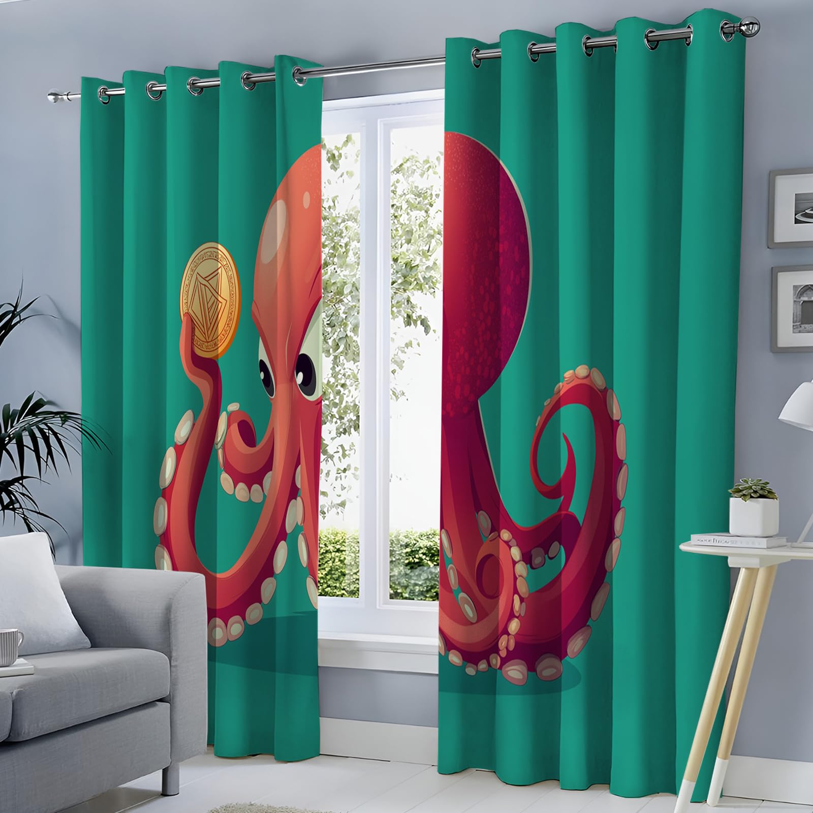 Isolanti Per Camera Da Letto Stampa 3D Polpo Moneta Rosso 2 Pannelli 140X245Cm Tende Soggiorno Illustrazione Animali Decorazione Motivo Finestra Bambini Tenda Oscuranti Occhielli
