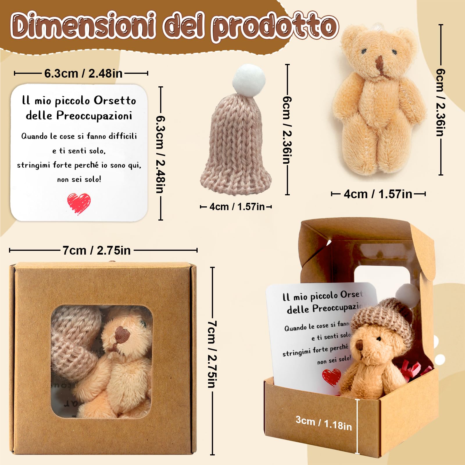 Orsetto Tedesco In Scatola - Mini Orsacchiotto Fatto A Mano In Peluche, My Little Worry Bear, Porta Fortuna Tascabile Con Biglietto Ispiratore Per Bambini E Adulti