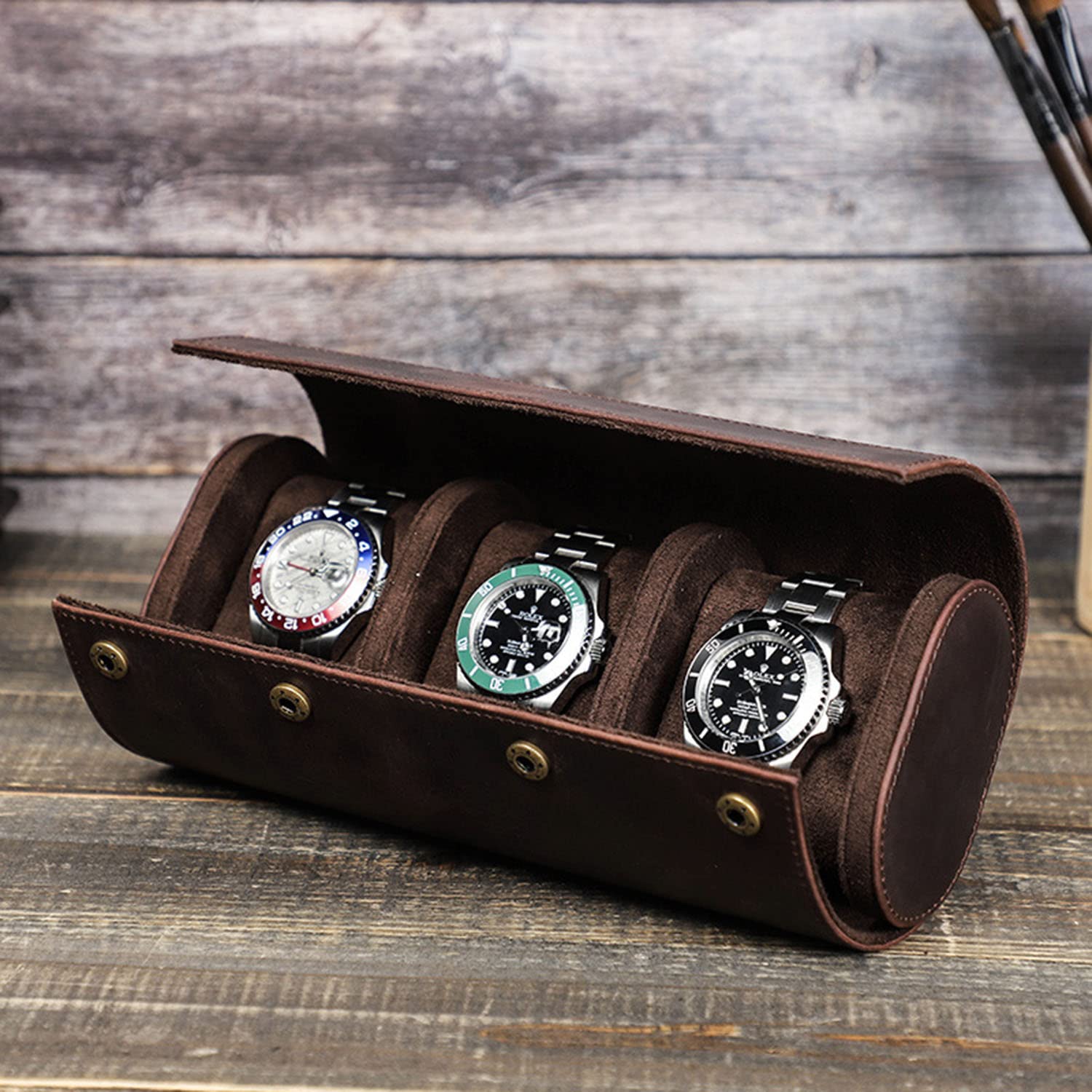 Estuche De Cuero Para Relojes - Estuche De Viaje Ovalado Para Relojes - Organizador Para Guardar Y Exponer 3 Relojes, Estuche Portátil Para Relojes De Exterior - Marrón