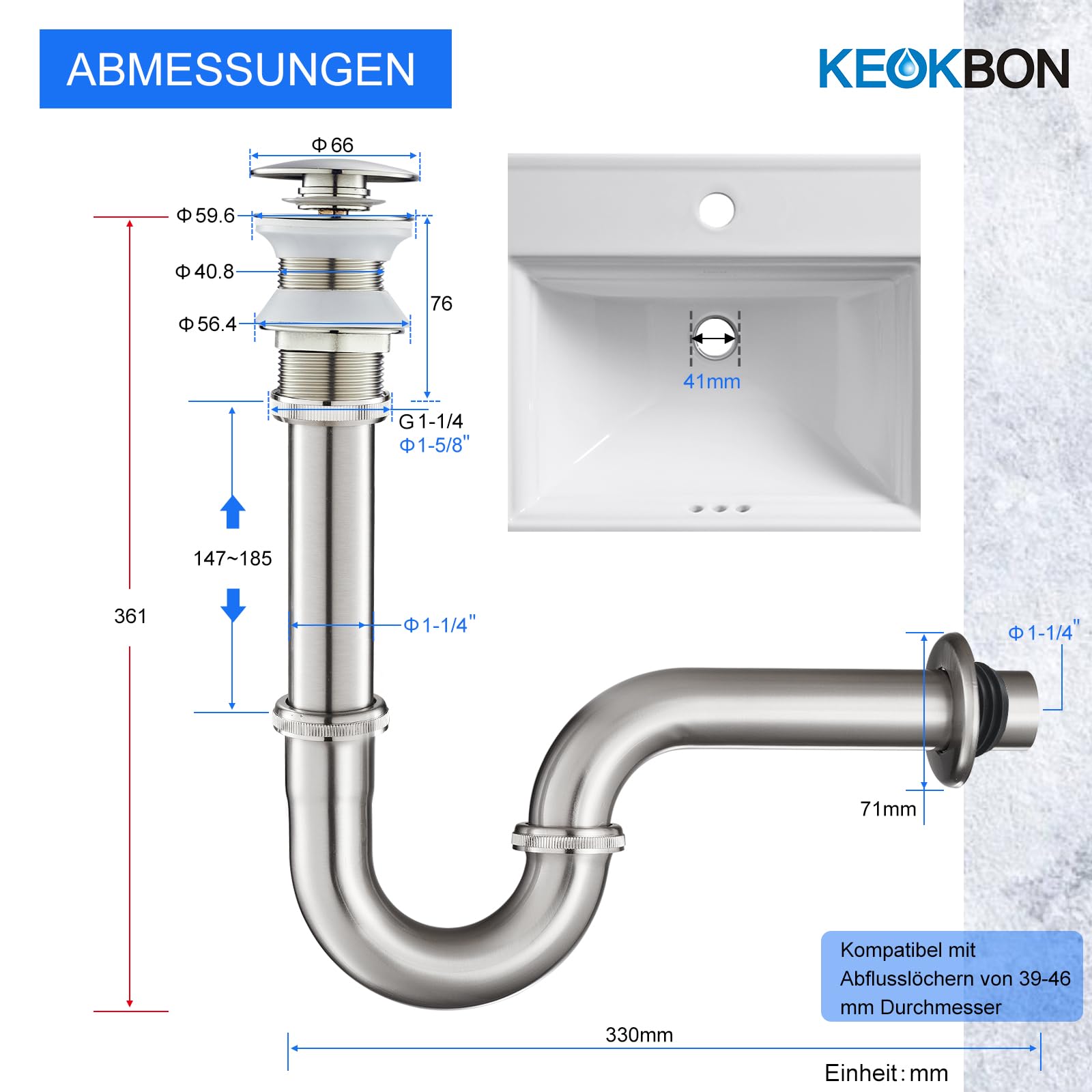 SET - Design Siphon mit Ablaufgarnitur ohne Überlauf KEOKBON Siphon 1 1/4" x 32 mm Pop Up Ventil für Waschbecken und Waschtisch, Edelstahl Röhrensiphon Geruchsverschluss Gebürstetes Nickel