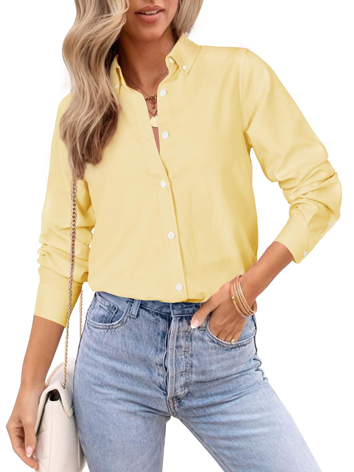 Aoudery Womens Oxford Shirts Button Down Shirts Cotton Dress Shirts Long Sleeve Collared Work Office Blouses Tunic Tops