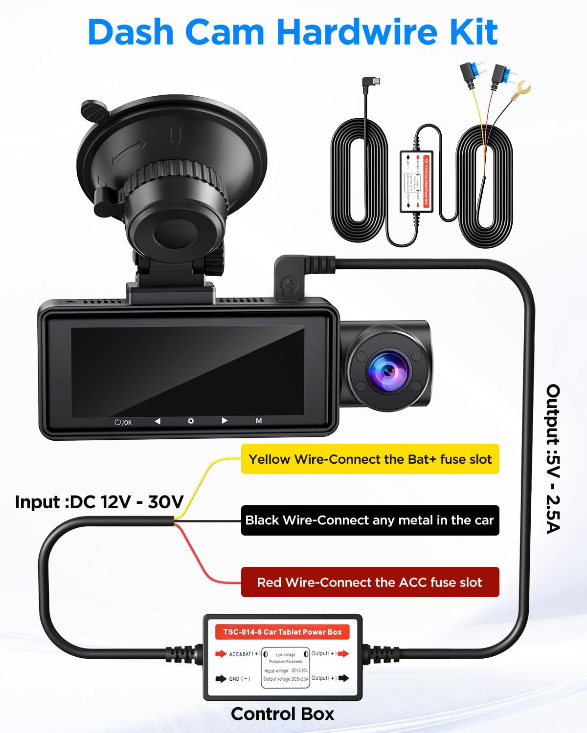 Famgoods Dashcam Hardwire Kit per J07S, ACC Hardwire Kit Multifunzionale per Monitoraggio Dash Camera, Modalità Parcheggio 24H, Adatto per Dashcam J07S