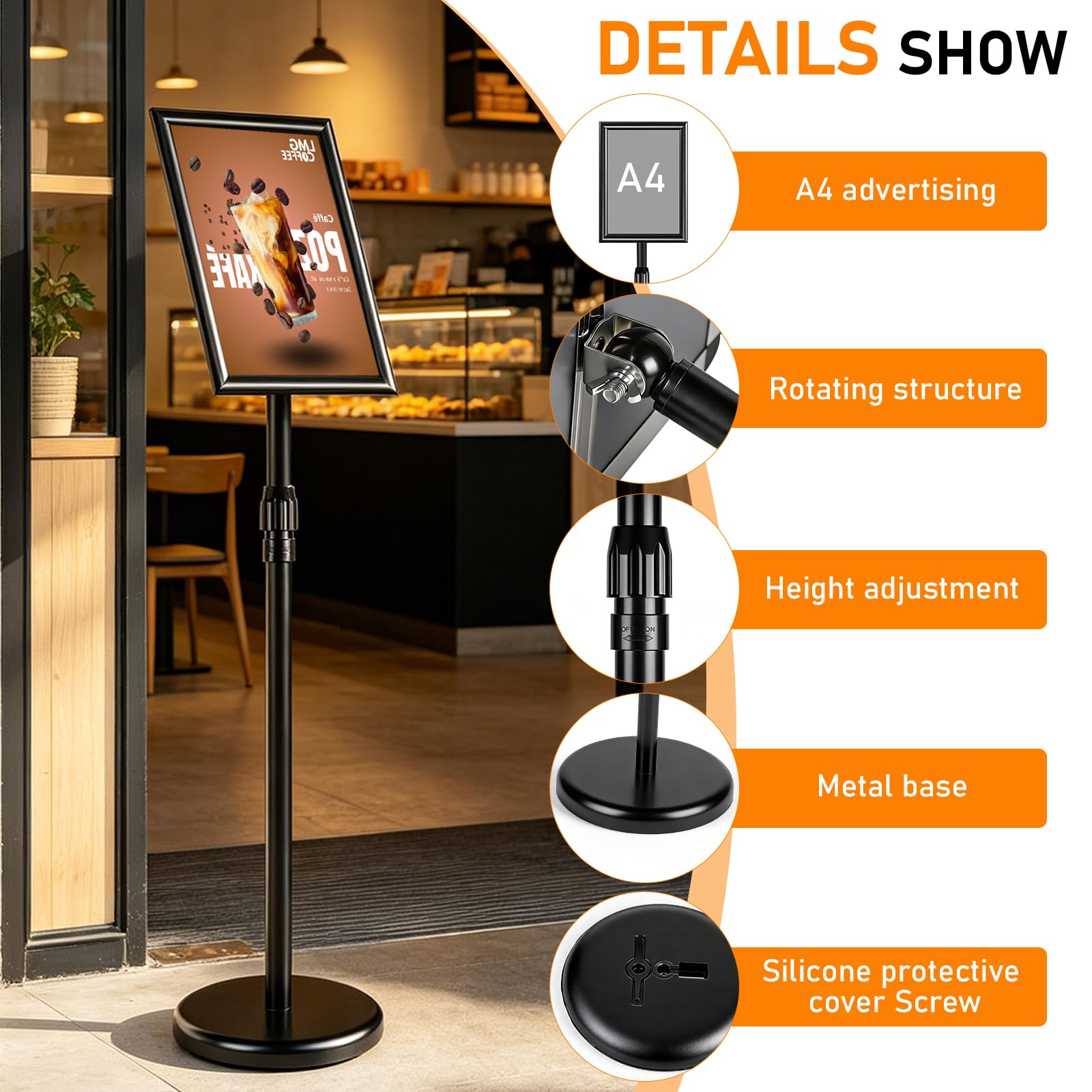 A4 Porte Affiche Sur Pied 297 x 210 mm Réglable 70-120 cm, Porte Menu Restaurant Exterieur A4, Présentoir Affichage Sur Pied 360 Degrés, Panneau Affichage Exterieur Etanche Amovible