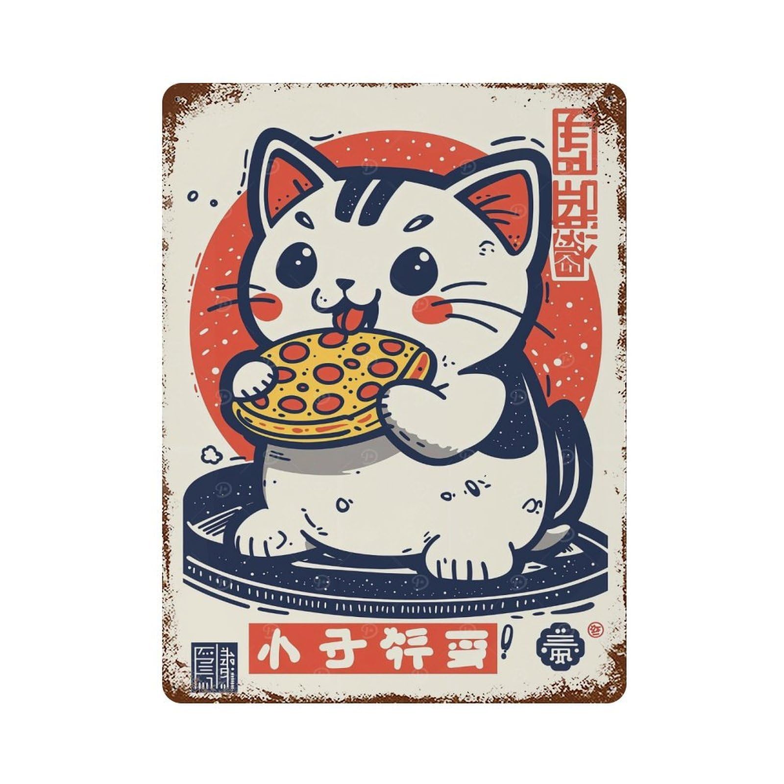 Distressed Metal Wall Sign Pizza Cat Illustration 15.7"x11.8", Vintage Wall Decor for Cafe, Home Bar And Lounge Decor
