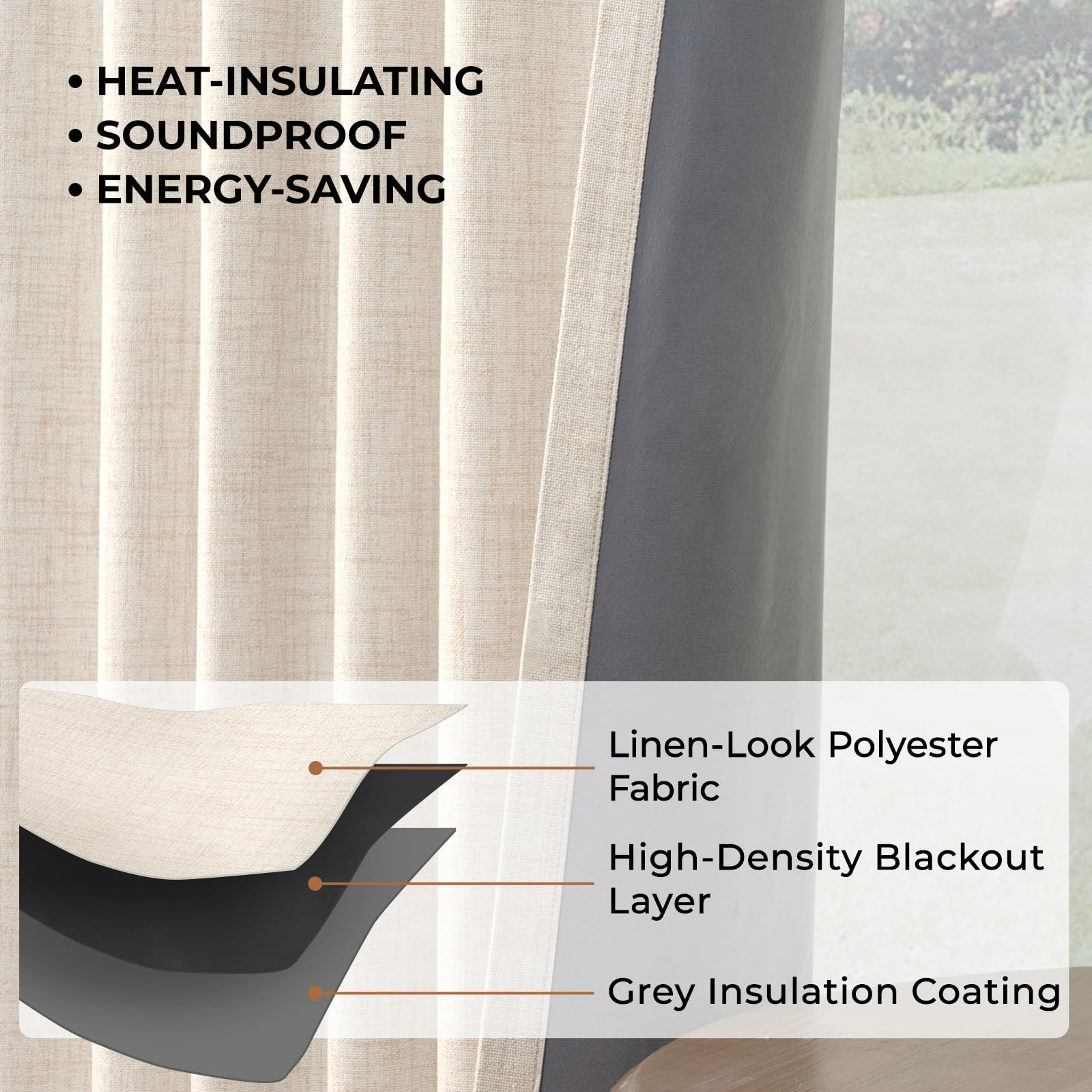 INOVADAY 100% Blackout Curtains for Bedroom 54 Inch Drop 2 Panels Thermal Insulated Curtains for Living Room Back Tab Rod Pocket Cream Curtains with Coating Back Layer,46" W x 54" L - Image 4