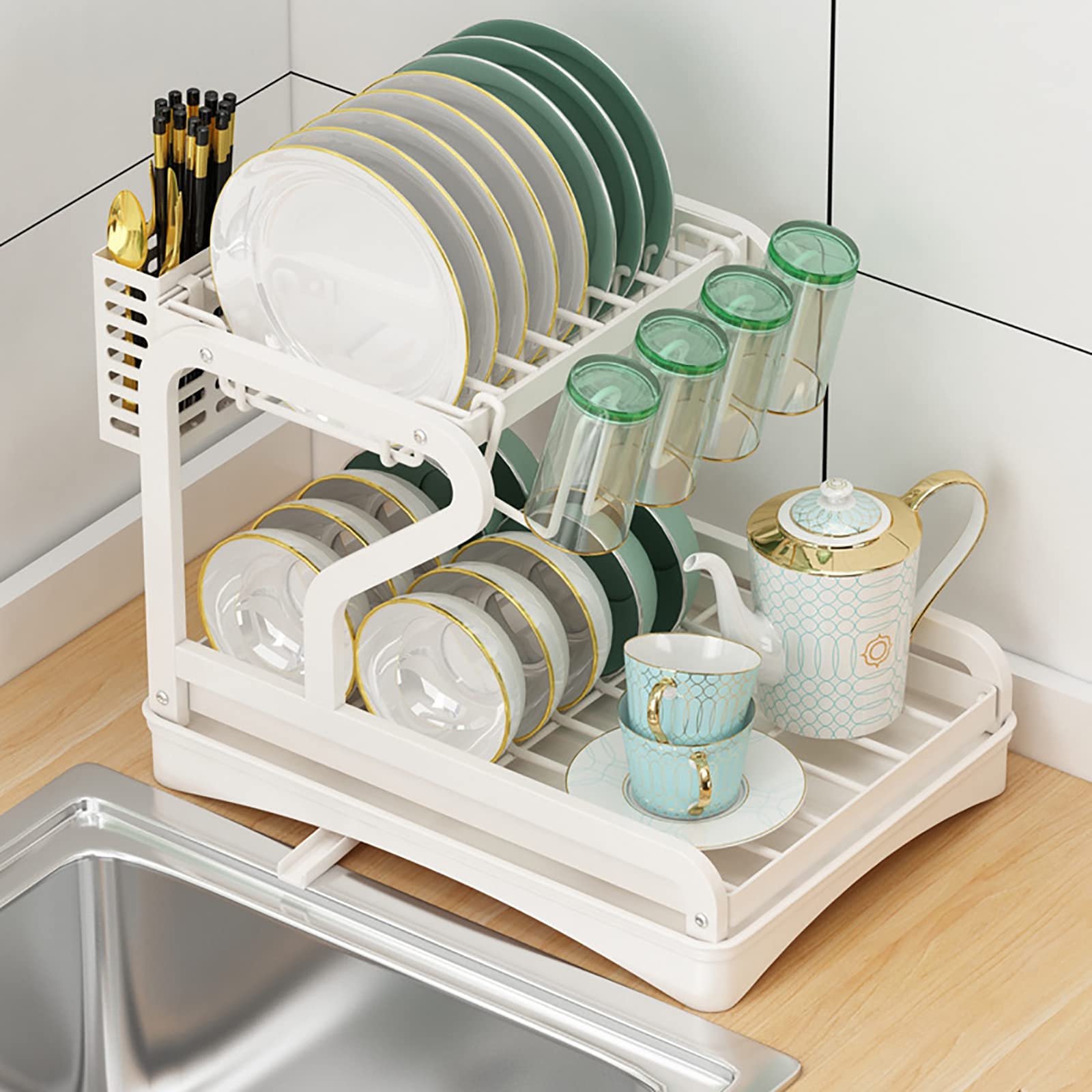 SaryEdge Dish Drainers Dish Drying Rack And Drainboard Set,2 Tier Large Dish Rack With Swivel Spout,Utensil Holder And Cup Rack,Stainless Steel Dish Drainer For Kitchen Counter,B