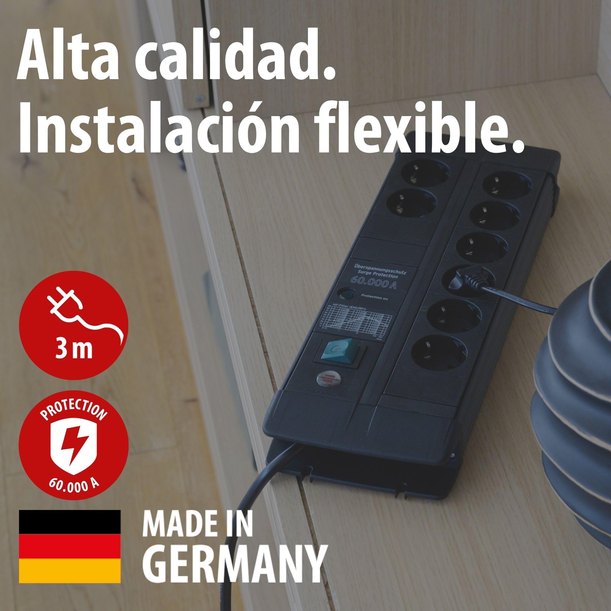 Brennenstuhl Premium-Line Duo regleta enchufes de 8 Tomas con protección contra sobretensiones (Cable de 3 m, Interruptor, protección hasta 60.000 A, Fabricado en Alemania) Negro