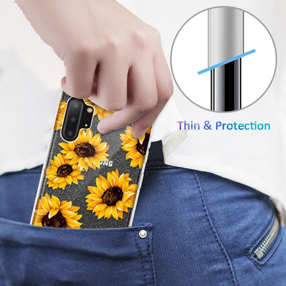 Caka Flower Case for Galaxy Note 10+ Plus Sunflower Clear Glitter Case Floral Pattern Flexible Bling Shiny Women Girls Slim Flower Cover Phone Case for Samsung Galaxy Note 10+ Plus 5G (Sunflower)