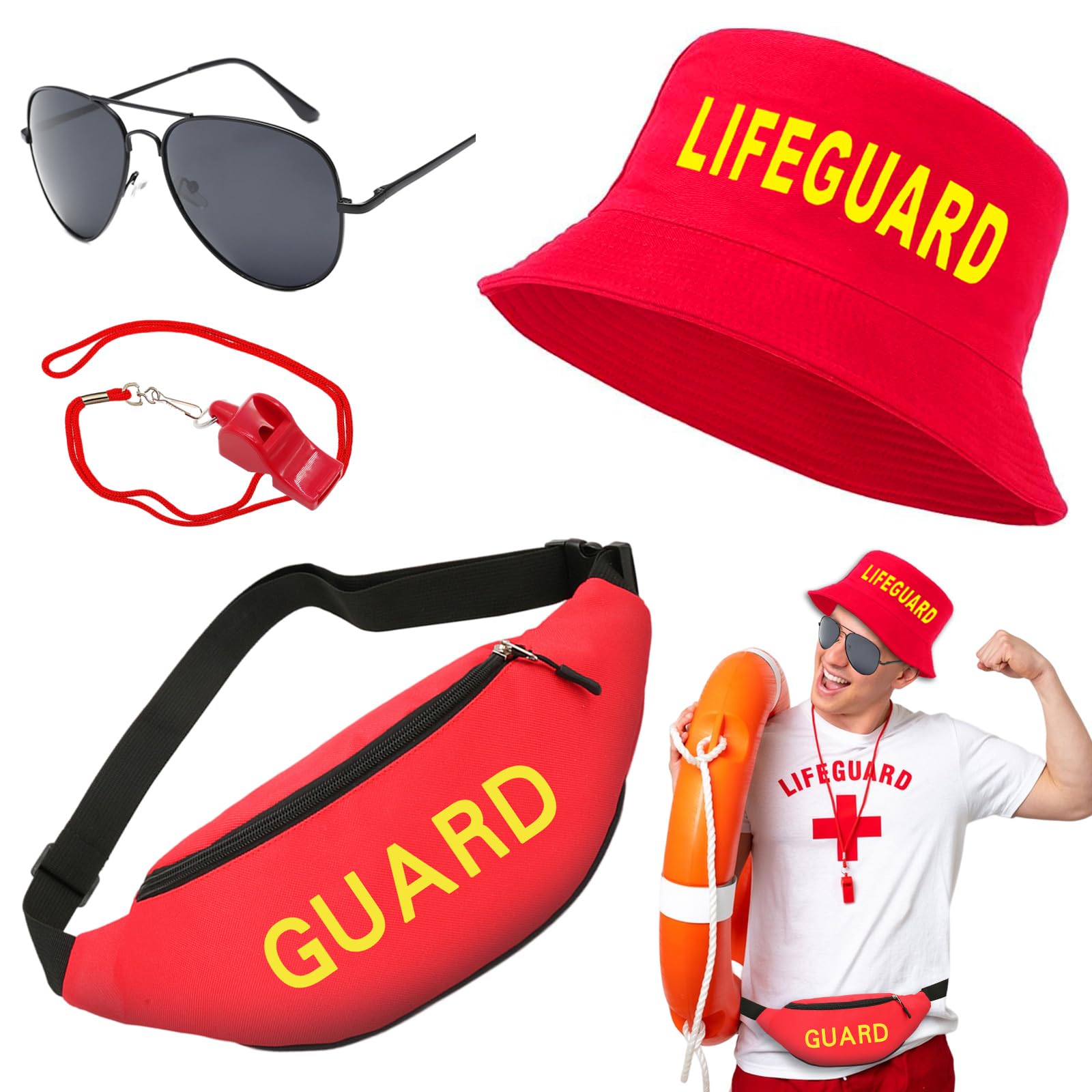 Beamely 4Pcs Life Guard Costume Accessories Set Fancy Dress Include Hat, Fanny Pack, Whistle, Sunglasses Lifeguard Cosplay Outfit Costume for Adults and Teenager, Halloween, Dress up Party