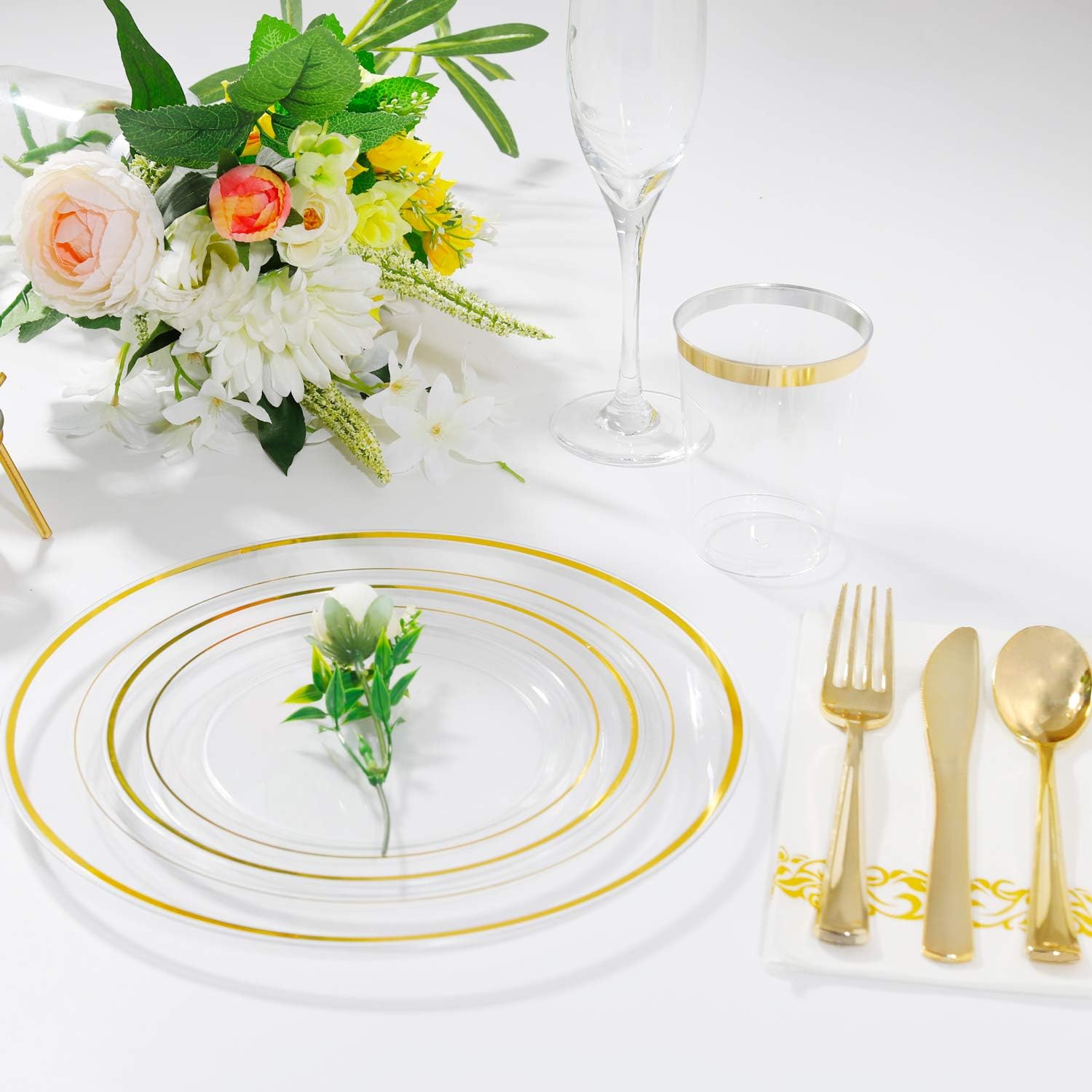 150 Pieces Gold Plastic Plates & Silverware & Cups, Clear Disposable Plastic Dinnerware Set Includes: 25 Dinner Plates 10.25 ", 25 Dessert Plates 7.5 ", 25 Tumblers , 25 Forks, 25 Knives, 25 Spoons