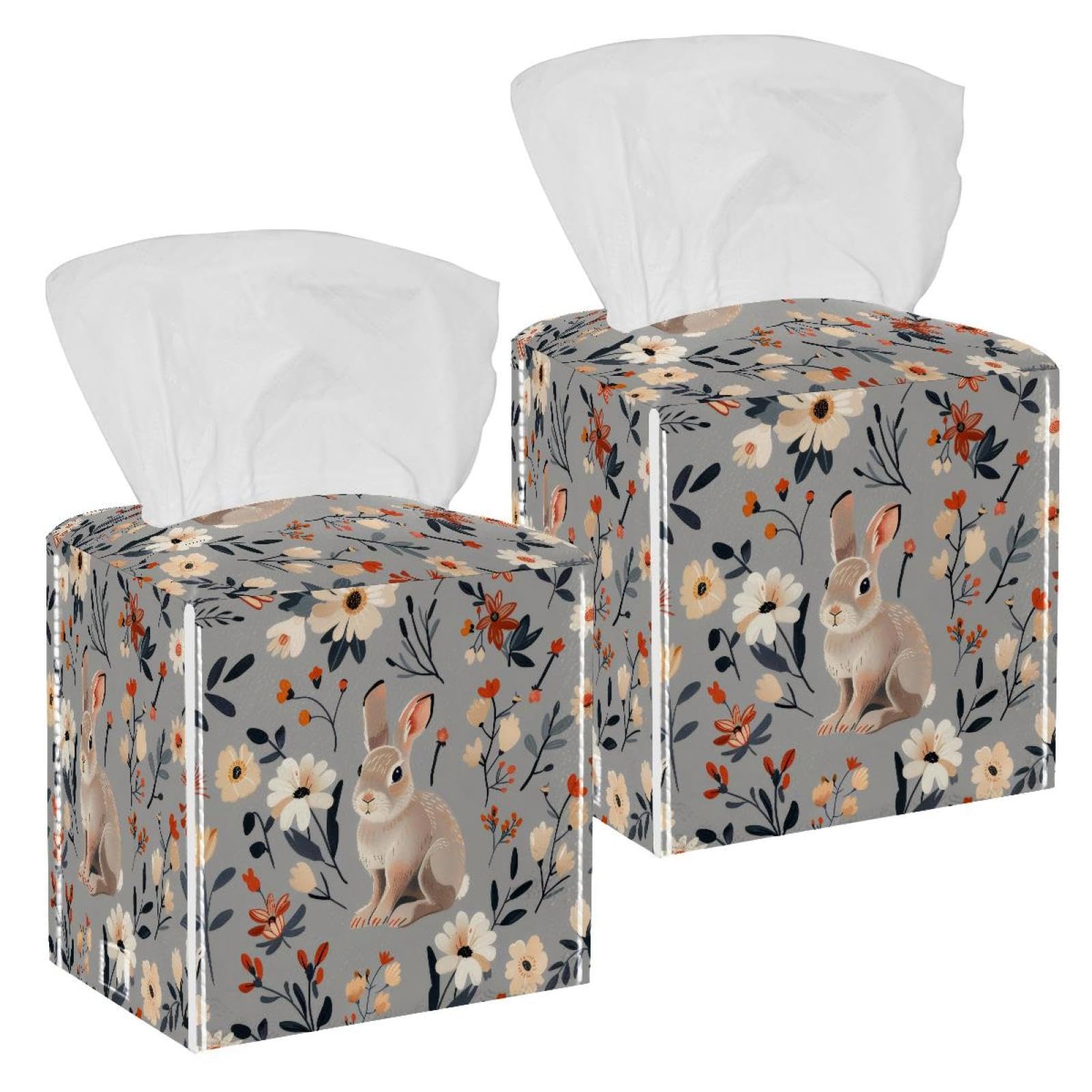 Rabbit Florals Tissue Box Cover, 2 Pack PU Leather Square Facial Tissue Dispenser Box holder for Home Office Car