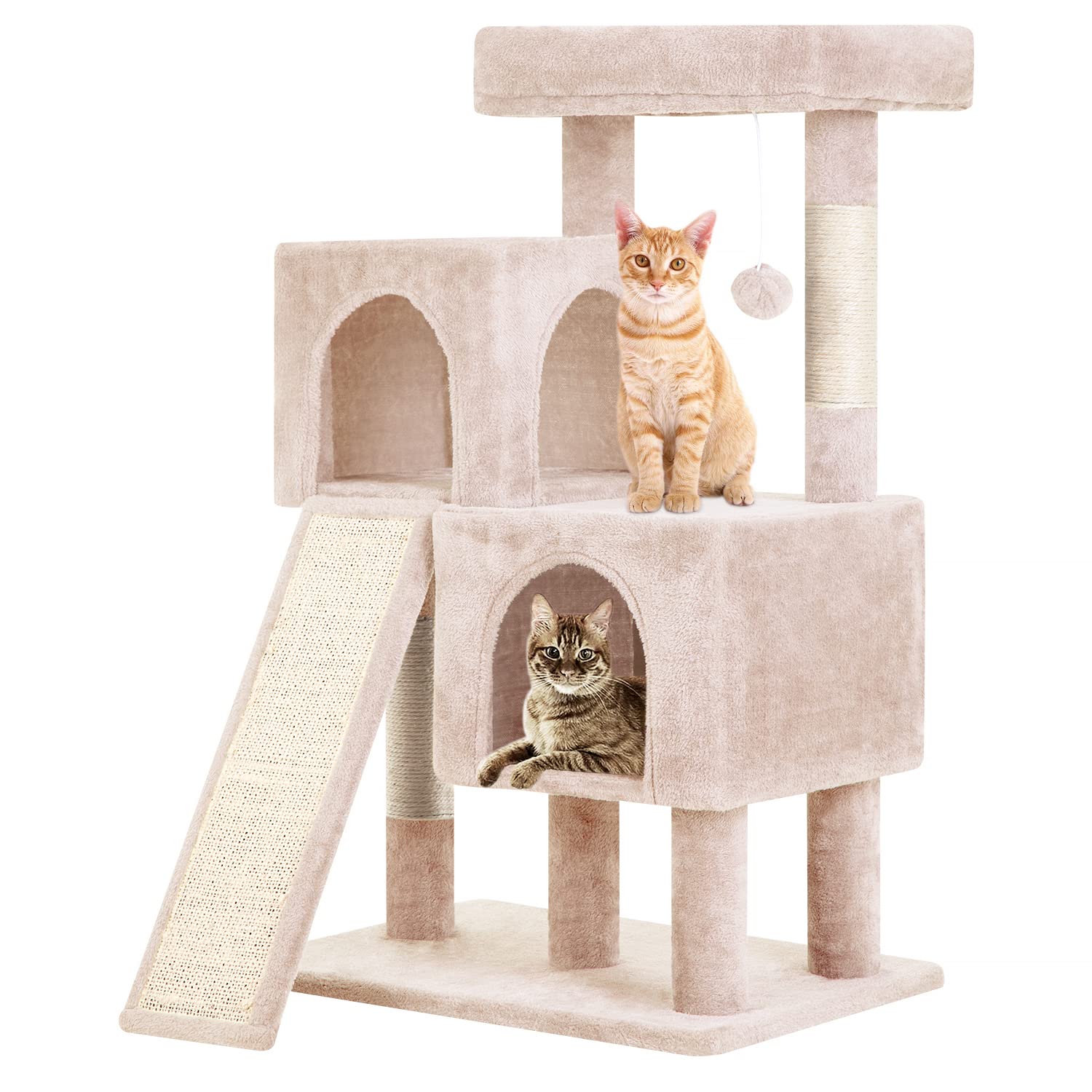 BestPet 36 inches Cat Tree for Indoor Cats Cat Tower with Scratching Posts Multi-Level Cat Furniture Condo with Ramp, Perch Spacious Cat Cave & Funny Toys for Kittens House,Beige