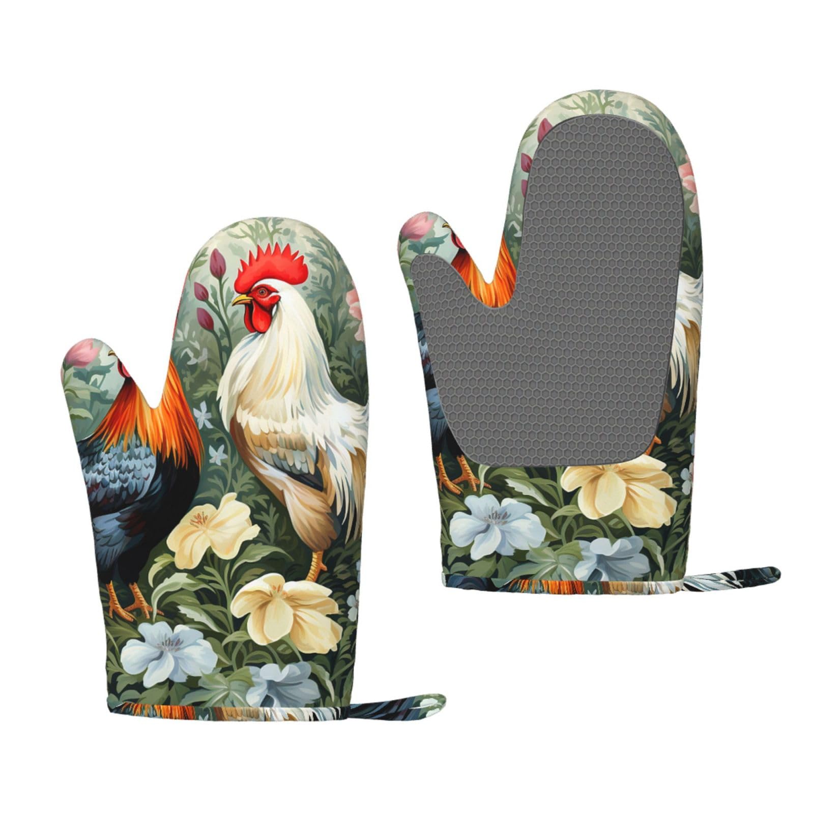 Oven Mitts Sets of 2 Heat Resistant Kitchen Gloves Rooster Oven Mitts BBQ Oven Gloves Non-Slip Silicone Oven Mitts Waterproof Cooking Safety Gloves for Kitchen Baking Cooking