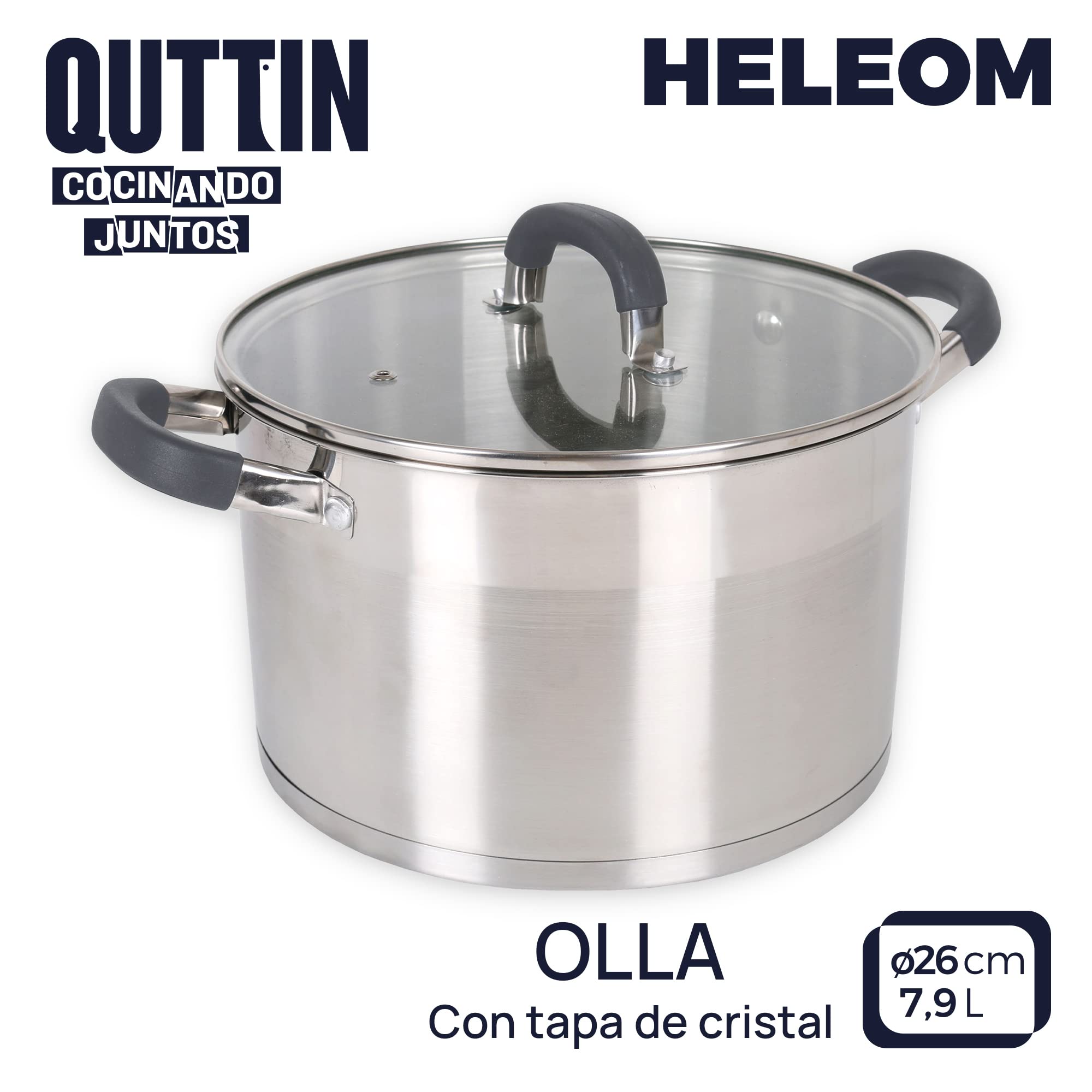 Quttin - Olla Profesional Induccion, Cocina Horno Acero Inoxidable Antiadherente. Olla Mediana Con Tapa. Apta Para Todo Tipo de Cocinas. Inducción, Gas, Vitro. Cacerola 26 cm. Modelo Heleom