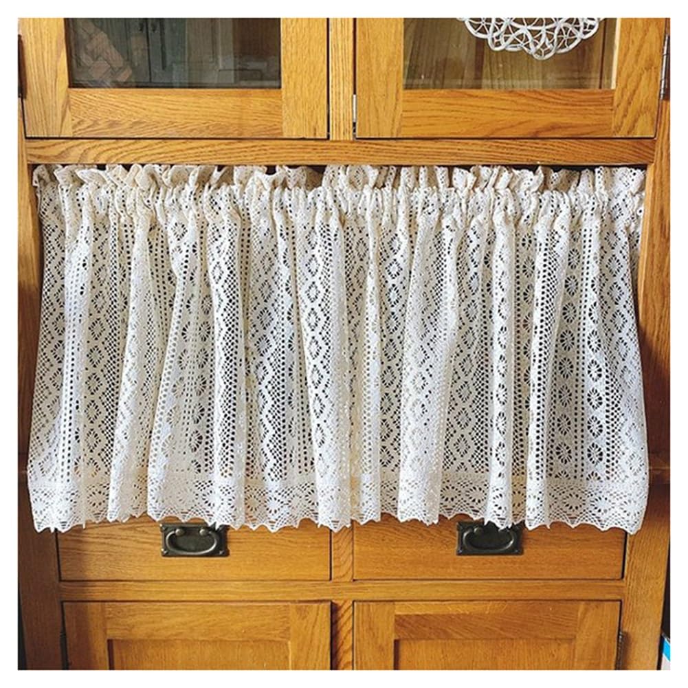 Tenda Corta Boho per Finestra Della Cucina, Pannello per Finestra All'Uncinetto Geometrico da Fattoria, Tenda Beige con Tasca per Asta in Stile Rurale per Soggiorno, Camera, Armadio(W200xH90cm/W79xH35
