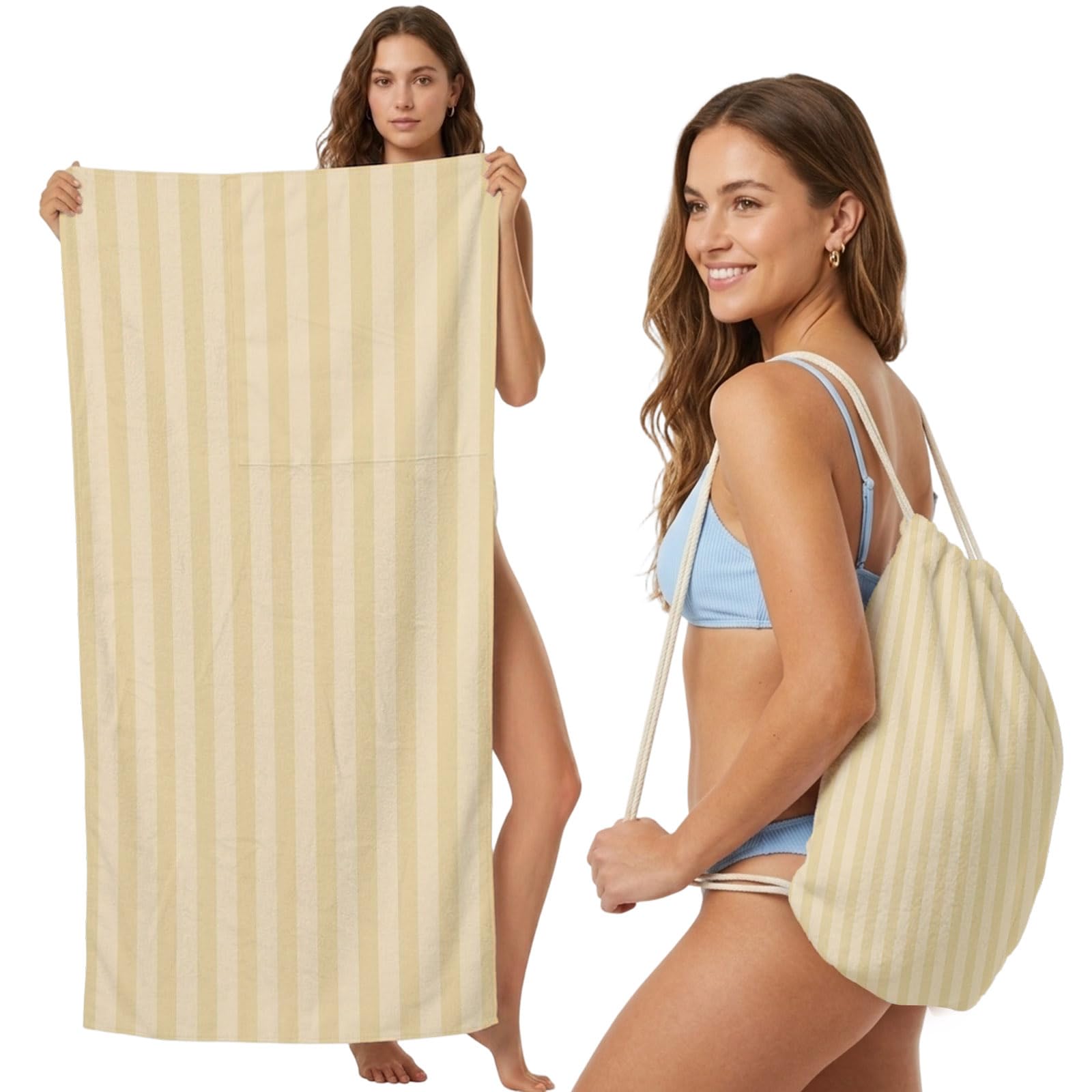 Beach Towel Bag 2 in 1 Yellow Vertical Stripes Bath Pool Towels Backpack Parallel Lines Striped Absorbent Beach Towel Soft Quick Dry Lightweight Packable Towels Drawstring Bag for Travel Sports Yoga