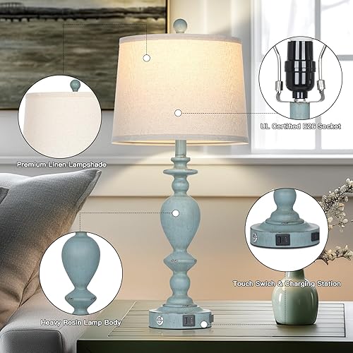 Miniatura 7 de 27.5" Coastal Table Lamp for Living Room Set of 2,Retro Blue Bedside Nightstand Lamps with USB C+A Ports & AC Outlet,3-Way Dimmable Touch Control