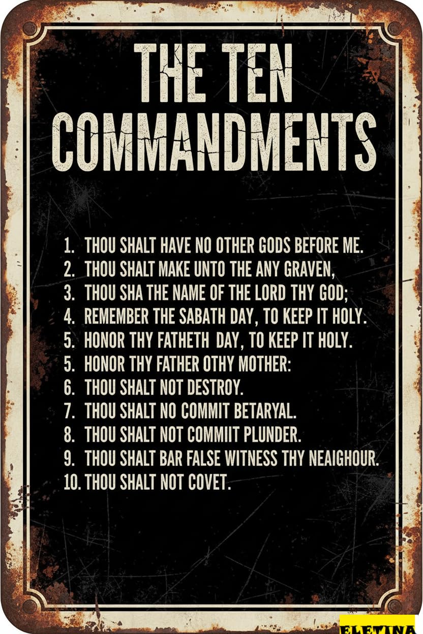 Funny Ten Commandments Tin Sign, 12x8 Inch