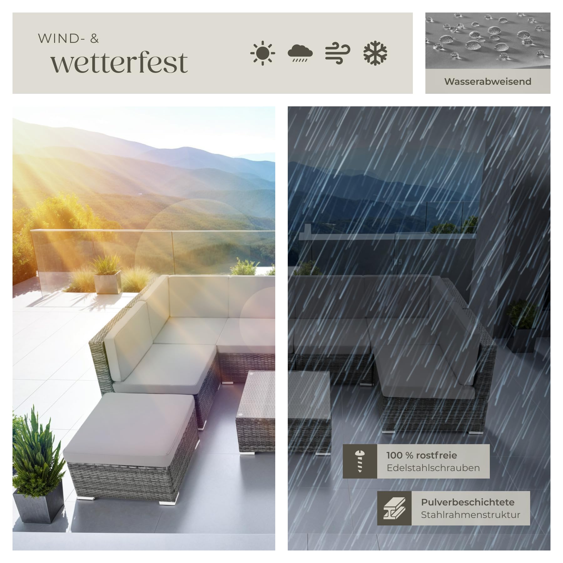 tectake XXL Polyrattan Lounge, Gartenmöbel Set, Sitzgruppe, Balkon Möbel mit 6 Sitze 1 Tisch 1 Hocker, inkl. Sitzkissen, Gartenlounge Outdoor, wetterfest, für Garten, Balkon, Terrasse - grau