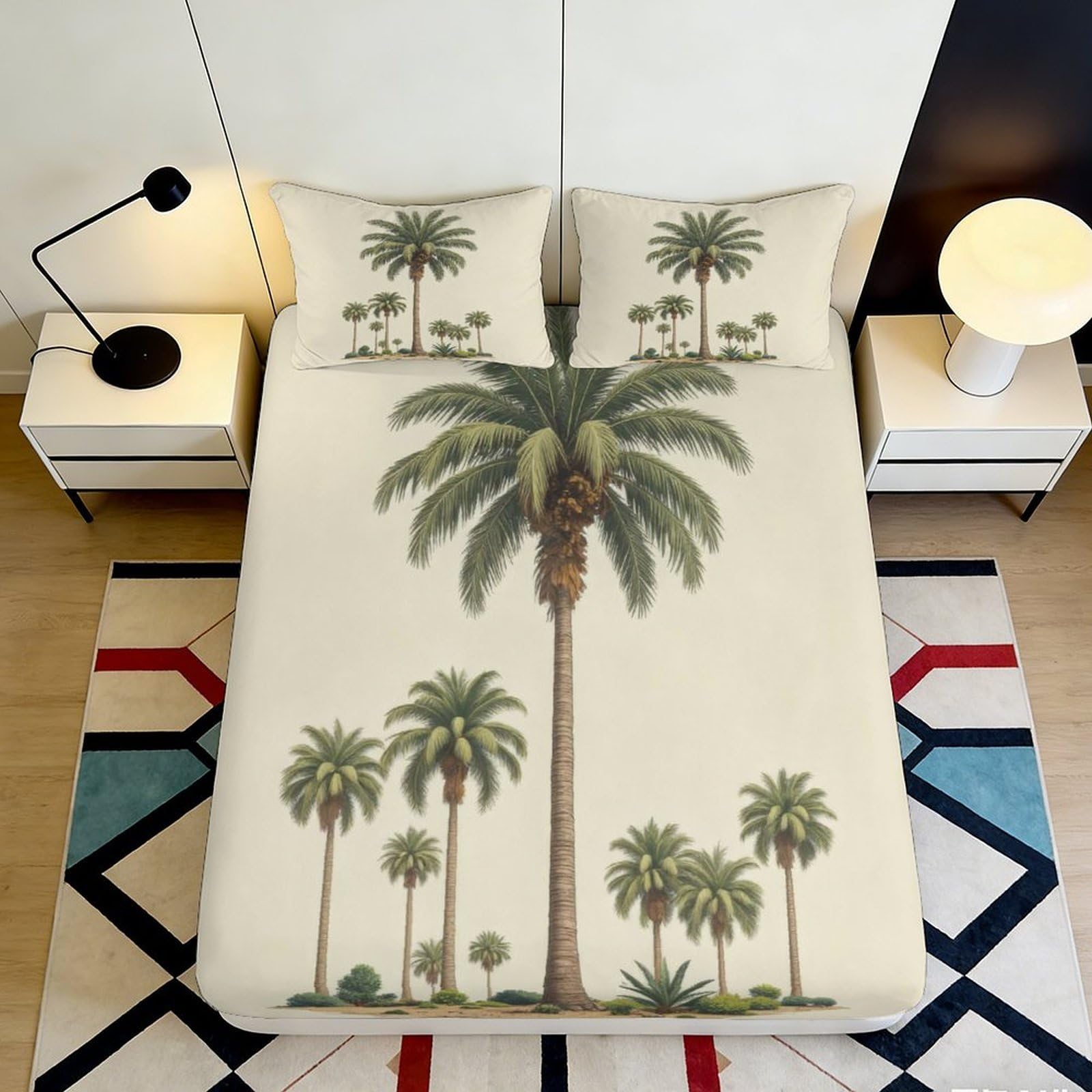 3D Printed Palm Tree Fitted Sheet Microfiber Soft Beige Tropical Mattress Cover for Bedroom Dorm Decoration 90x200x25cm