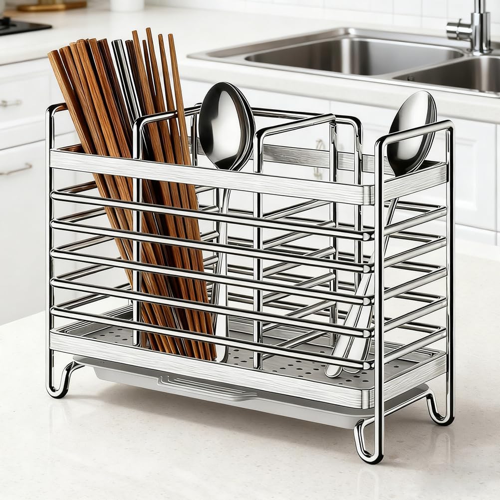 Wall Mounted Organizer, Stainless Steel Utensil Holder with Drainage Tray for Forks Spoons Chopsticks, Countertop Drying Rack to Keep Your Kitchen Clutter-Free,Three Squares