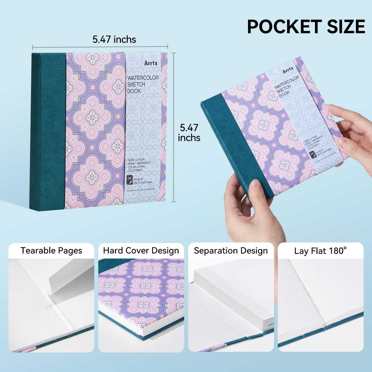 Arrtx - Paquete de 2 cuadernos de bocetos cuadrados de acuarela, 5.47 x 5.47 pulgadas, 140 libras, 300 GSM, papel 100% algodón, prensa en frío, 48 hojas, diario de acuarela de tapa dura para uso como