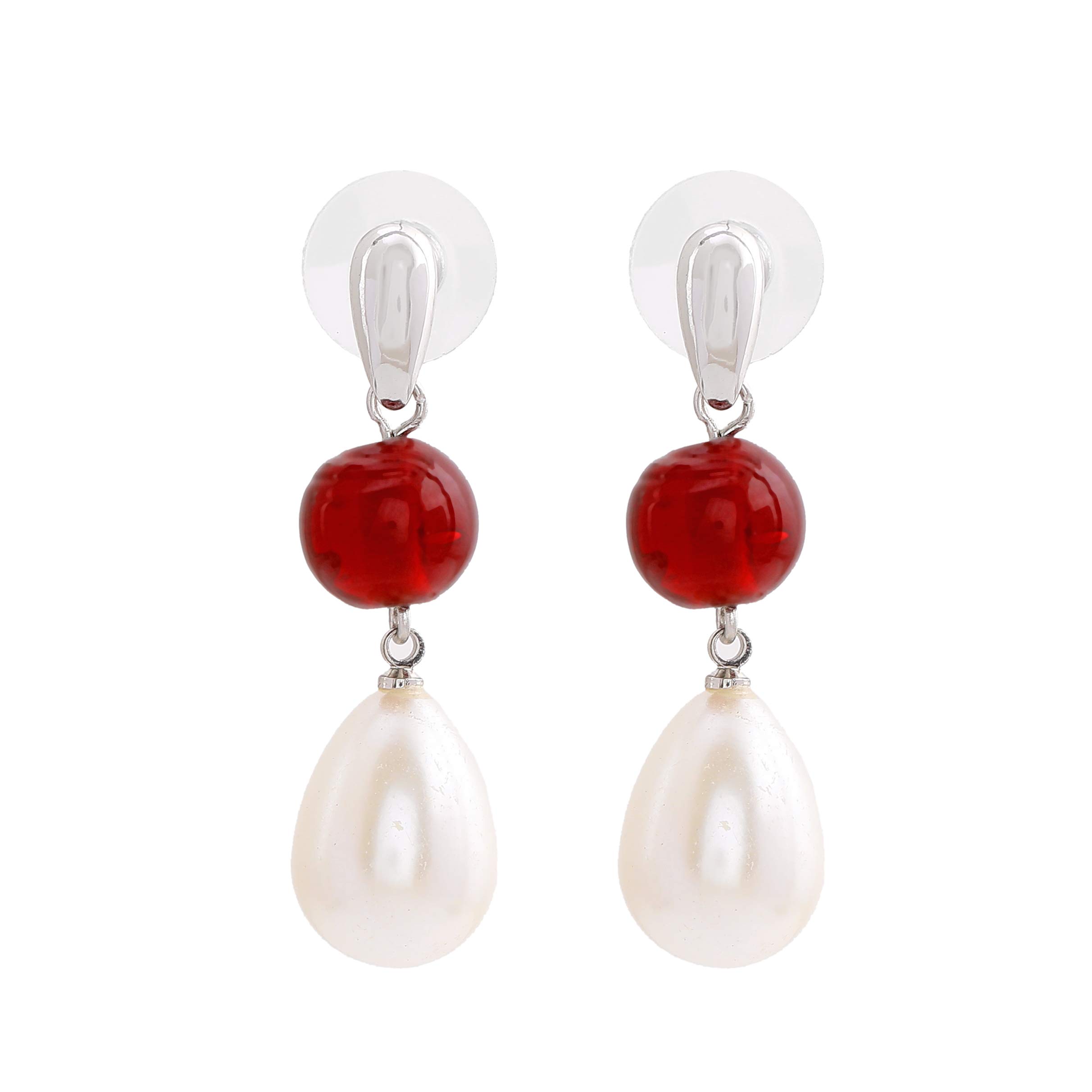 Rhodium Ruby Bead Pearl Drop Earrings