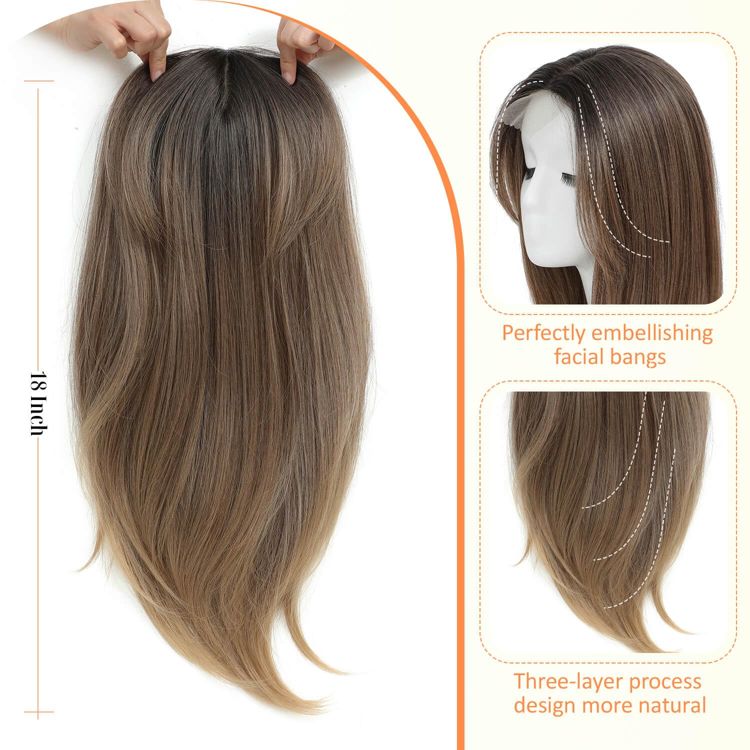 Peonymebeauty Blonde Hair Topper for Women 6.5"X6.5" Big Base Topper for Hair Loss 18 Inch Long Layered Hairpieces Wiglets (Rich Brown with Dark Root) - Image 4