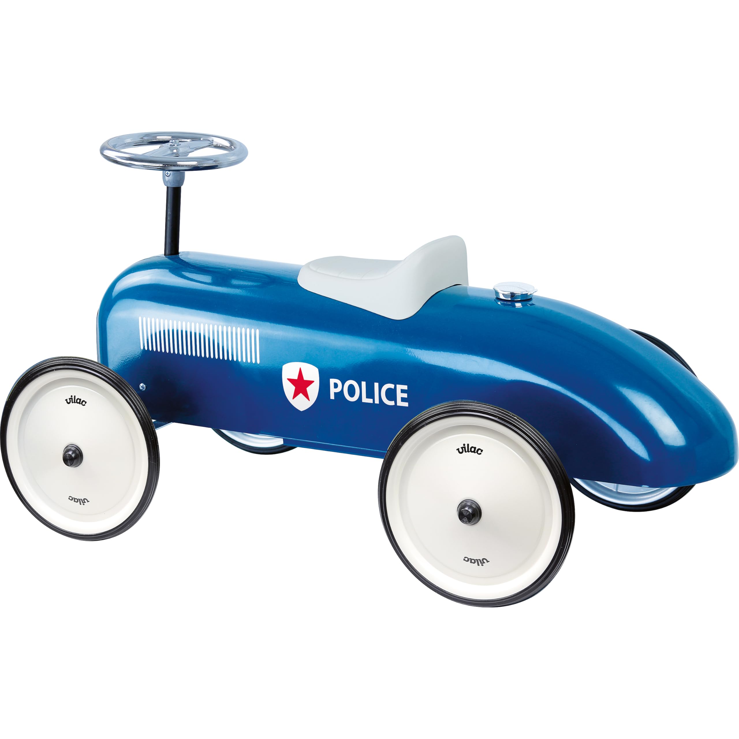 Vilac - Vintage Polizei Autoträger – Spielzeug aus Metall – leise Räder – Lenkrad – Dekoration – Blau – für Kinder ab 18 Monaten