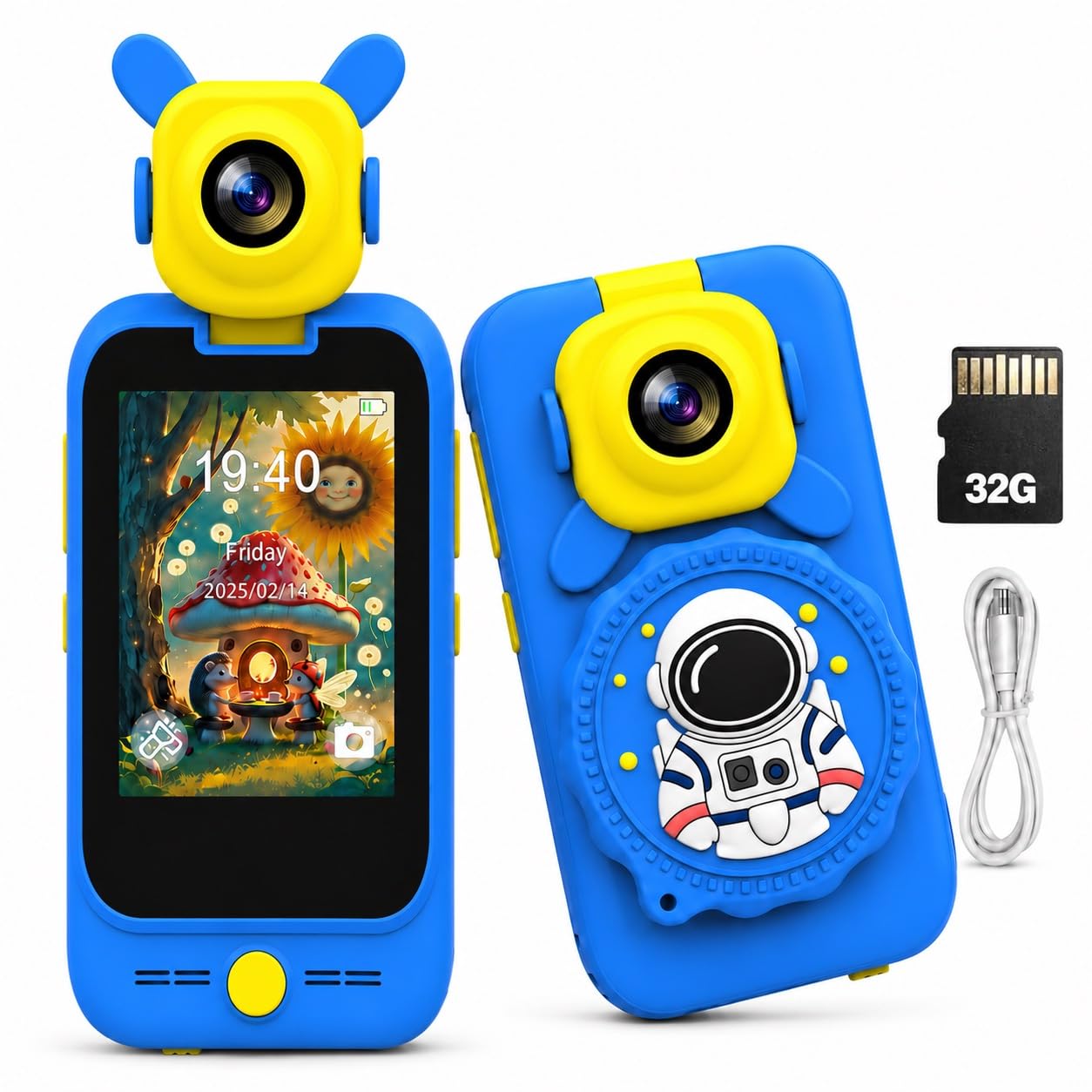 TOSBARRT Kids Phone, Flip Camera & Microscope Gift for Ages 3–8 Blue Astronaut, 2.8-inch Touchscreen, 32GB Included, About 2.5h Continuous use with Screen + All 6 Lights on(Blue)