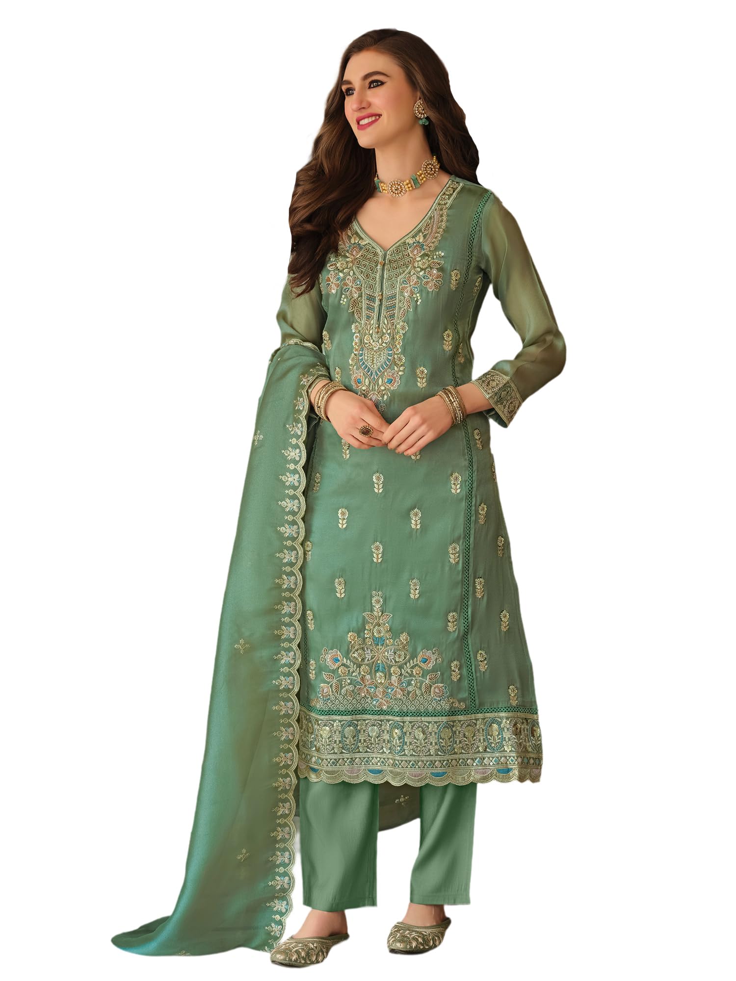 Women's Organza Embroidered Sequinned Kurta & Pant With Dupatta Set (IEOUT508_XX-Large)|Cotton suits for women with dupatta-image-19
