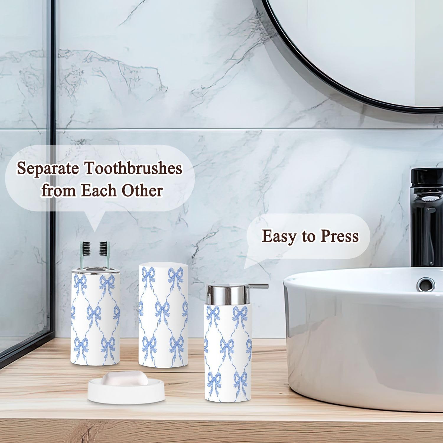 Bathroom Accessories Set 6 Pcs Cute Coquette Blue Ribbon Bow Toothbrush Holder Cup Soap Dispenser Soap Dish Toilet Brush Holder Trash Can for Countertop Decor