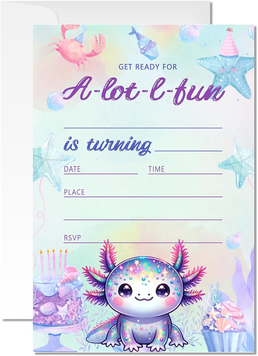 20 Axolotl Birthday Party Invitations, Pink Axolotls Theme Invite Cards with Envelopes, 4x6 Inch Fun Birthday Invites for Girls and Boys. (078)