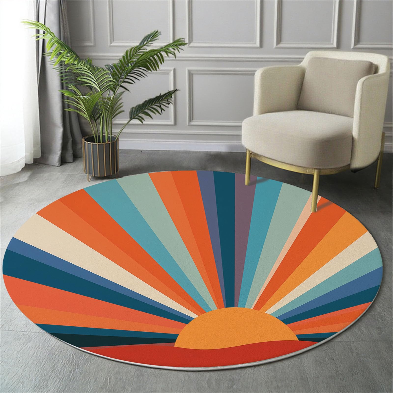 Tapis lavable en machine rond 200cm orange antidérapant pour salon