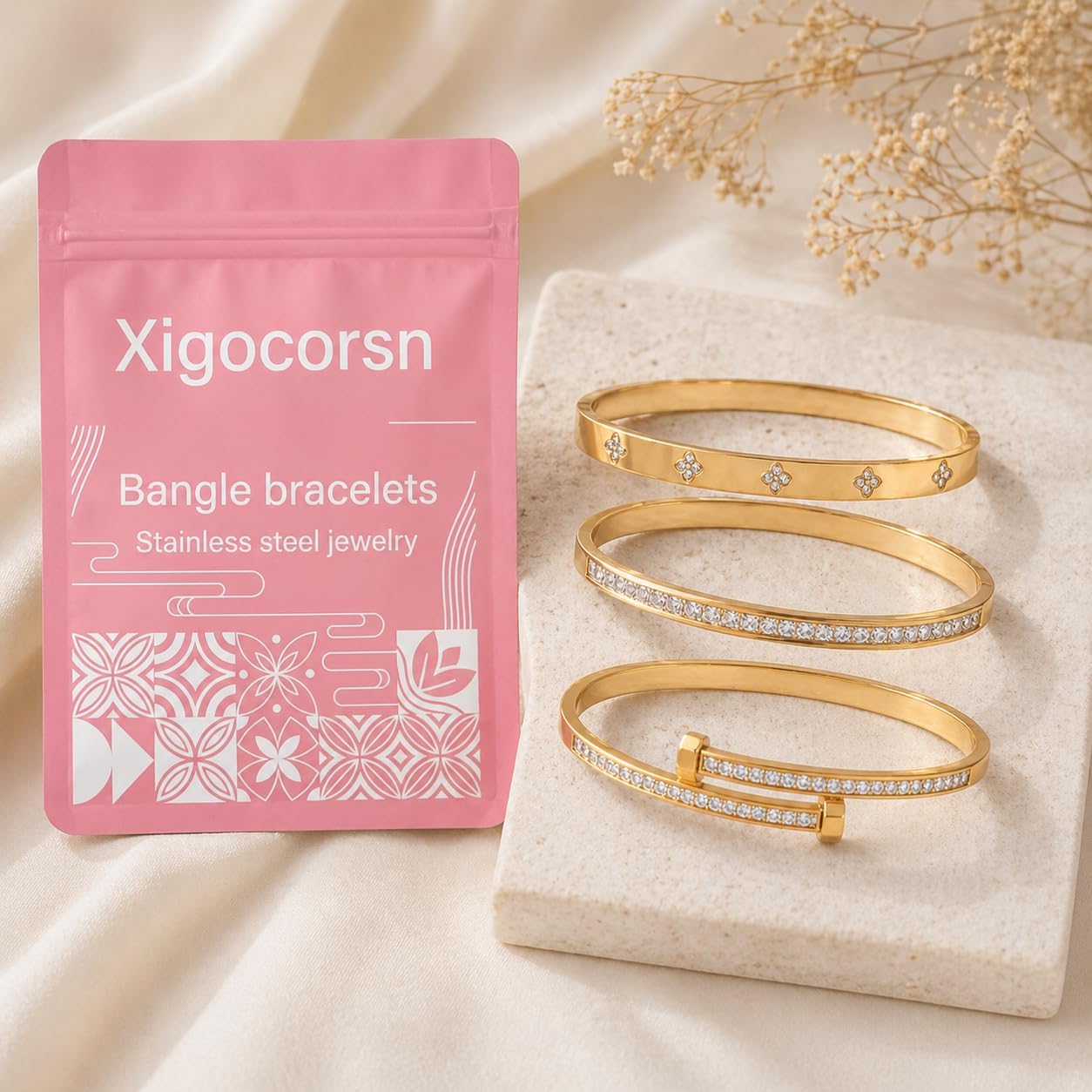 Gold Bangles Bangle Bracelets Set for Women, genuine gold electroplating 3 Piece Elliptical Design with Cubic Zirconia Accents, 2.36 Inch Diameter, Waterproof Stainless Steel