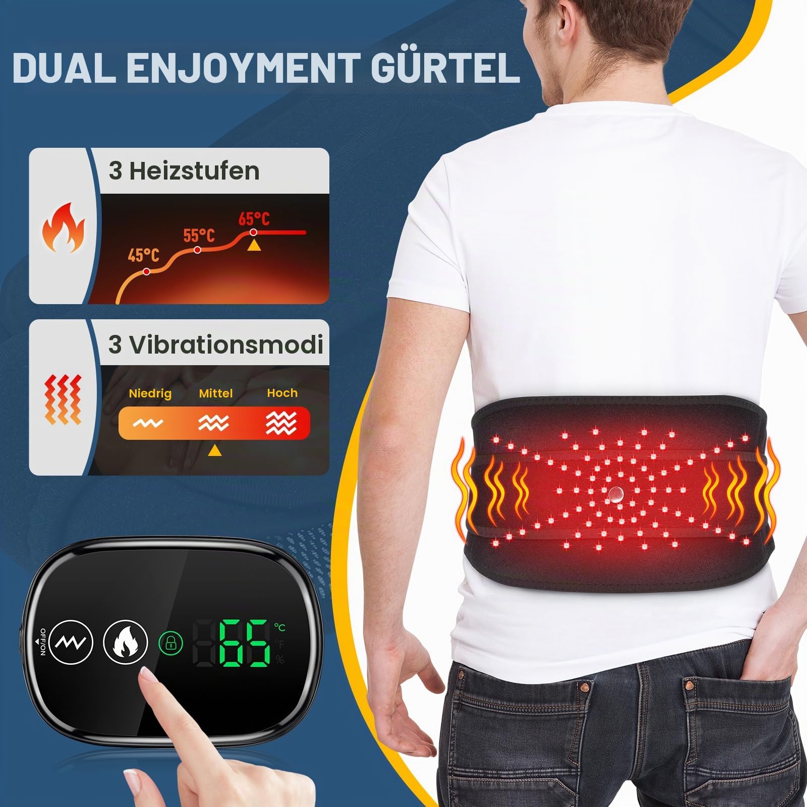 Elektrische Heizmatte Für Die Taille, Kabelloser Beheizter Rückengürtel Bauchwärmer Lendenwirbelstütze Mit Exklusivem Touchscreen, 3 Heizstufen Und 3 Massagemodi, Zur Unteren Rückens Mit 5000mAh-Akku