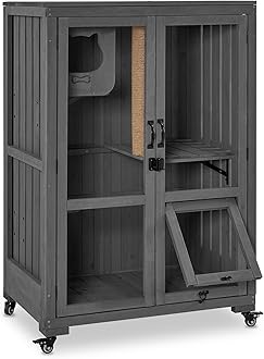 MCombo Luxury Cat House with Scratching Post, Wooden Multi Feature Large Cat Condo with Escape Door and Wheels, Kitten Cages with Shelter Indoor Outdoor CT83 (Grey)