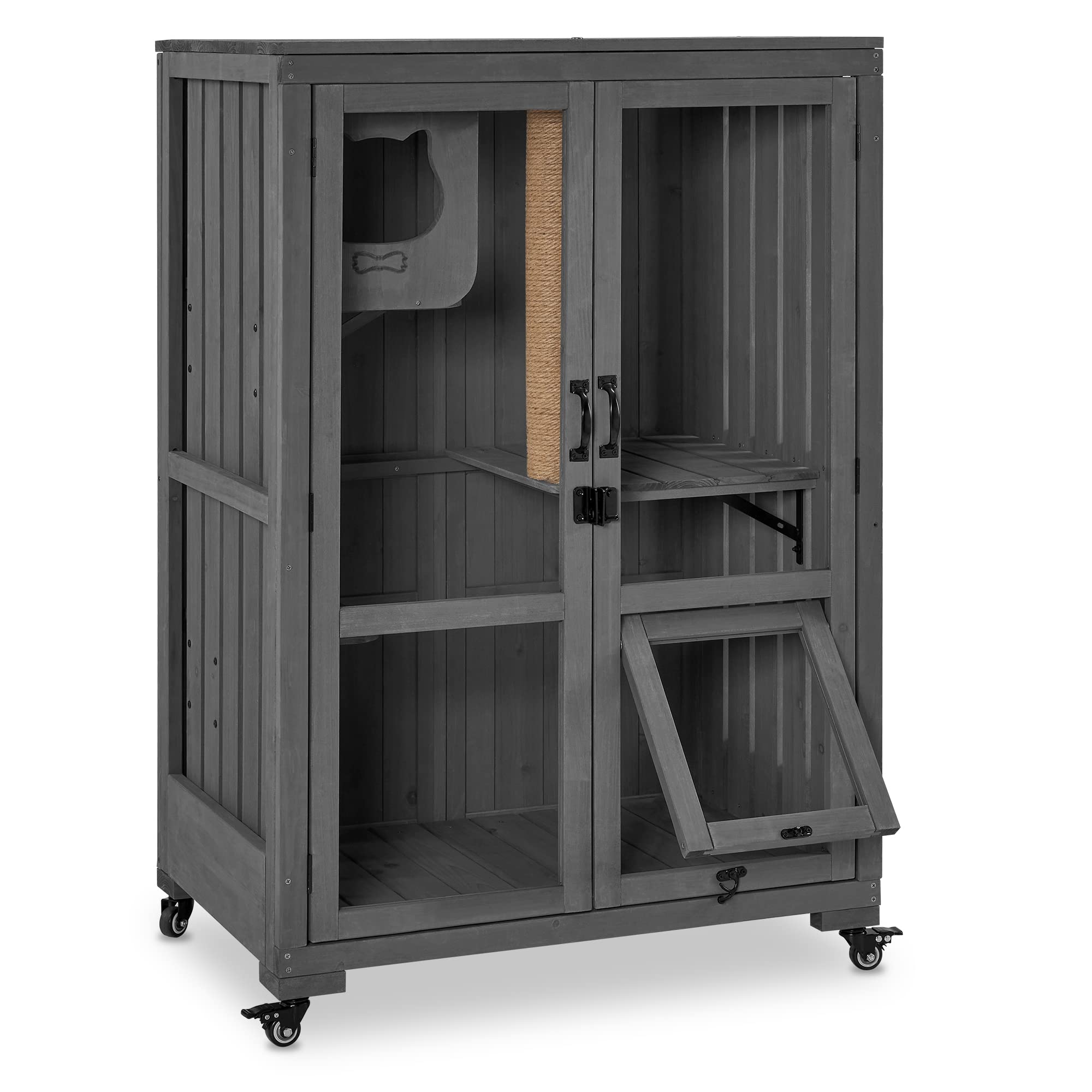 MCombo Luxury Cat House with Scratching Post, Wooden Multi Feature Large Cat Condo with Escape Door and Wheels, Kitten Cages with Shelter Indoor Outdoor CT83 (Grey)