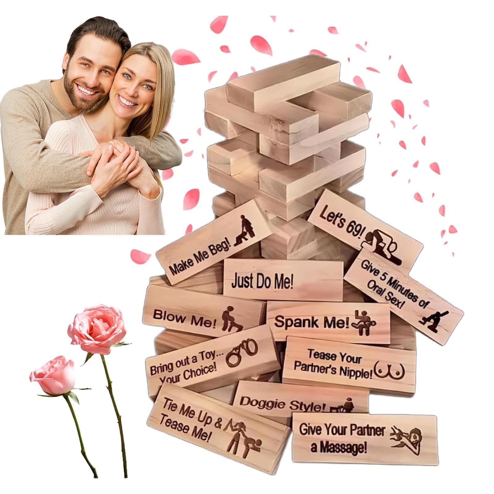 Lust Tower-Stacking Game for Couples, 48Pcs Super Naughty Block Tower Game, Valentine Tumbling Tower Stacking Blocks Game, Stacking Wooden Block Game for Grown Ups (1 Set)