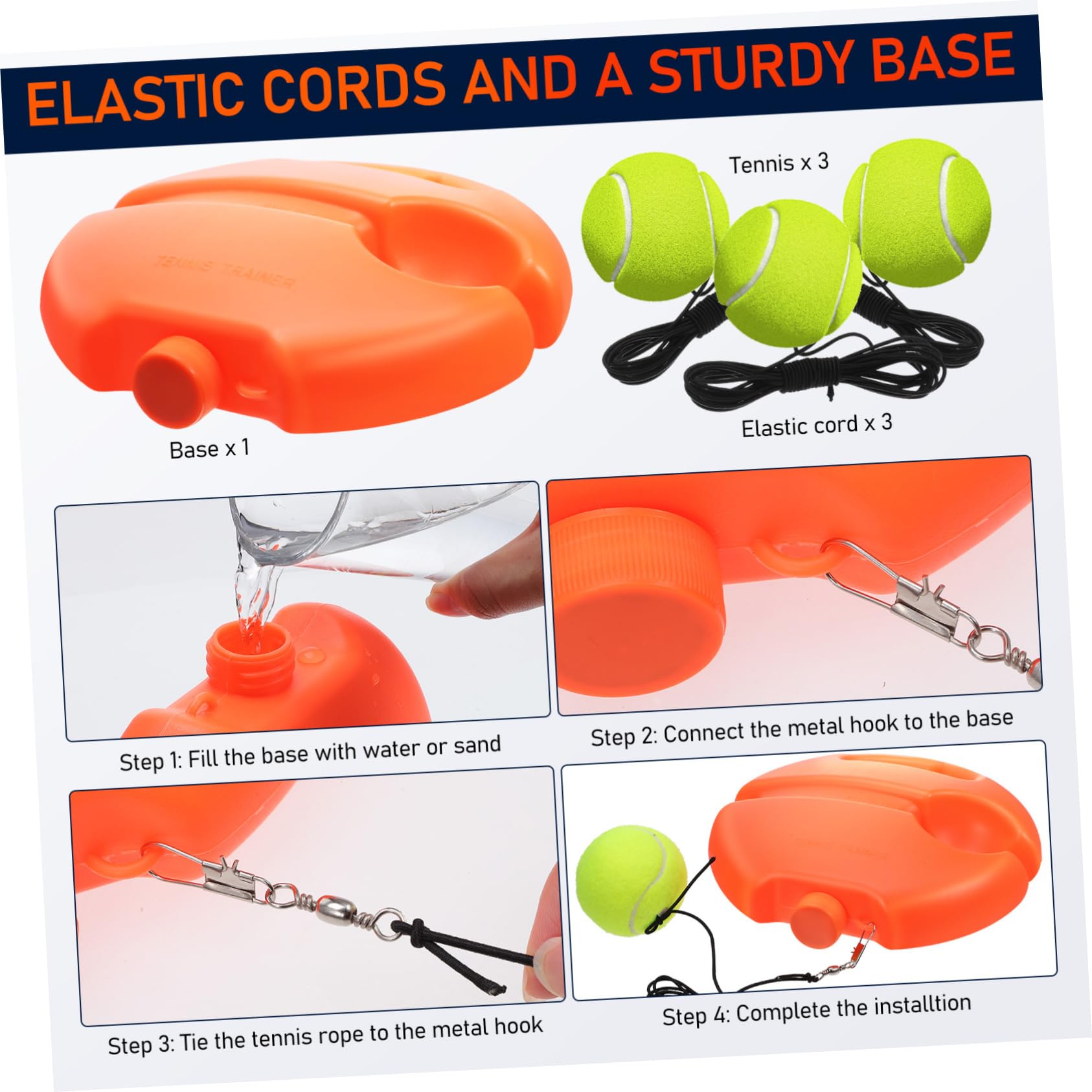 HANABASS Allenatore di Rimbalzo per Tennis Arancione, Set Singolo | Corda Elastica, Base in Plastica, Allenamento in Solitaria, per Principianti, Portatile