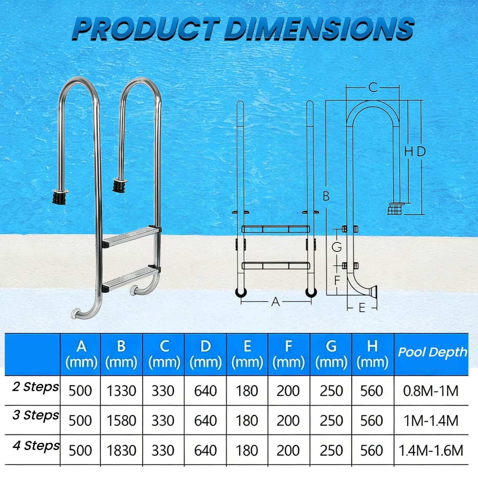 Scaletta per Piscina, 2-4 gradini con Doppio corrimano e gradini in Acciaio Inox, per Piscine interrate, Interne ed Esterne.