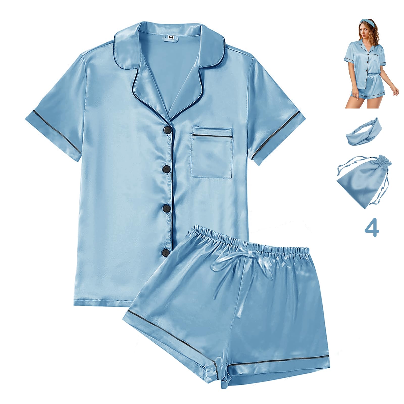 WJing Yi Jia 4Pcs Womens Satin Silky Pajama Sets Short Sleeve Shirt XS-4XL Floral Pajamas Set Soft PJ Loungewear Sleepwear: X-Large Water Green-b