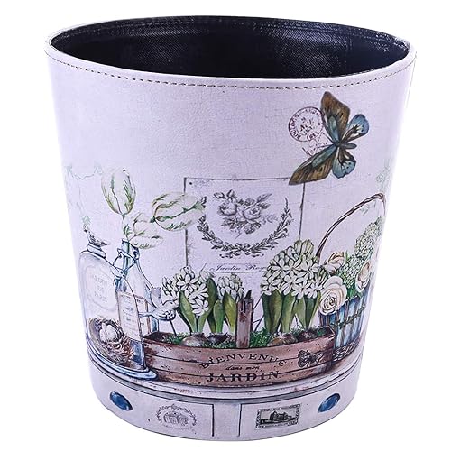 Papelera de piel sintética de estilo británico, redondo, decorativo, sin tapa, para sala de estar, oficina en casa, plantas y mariposas