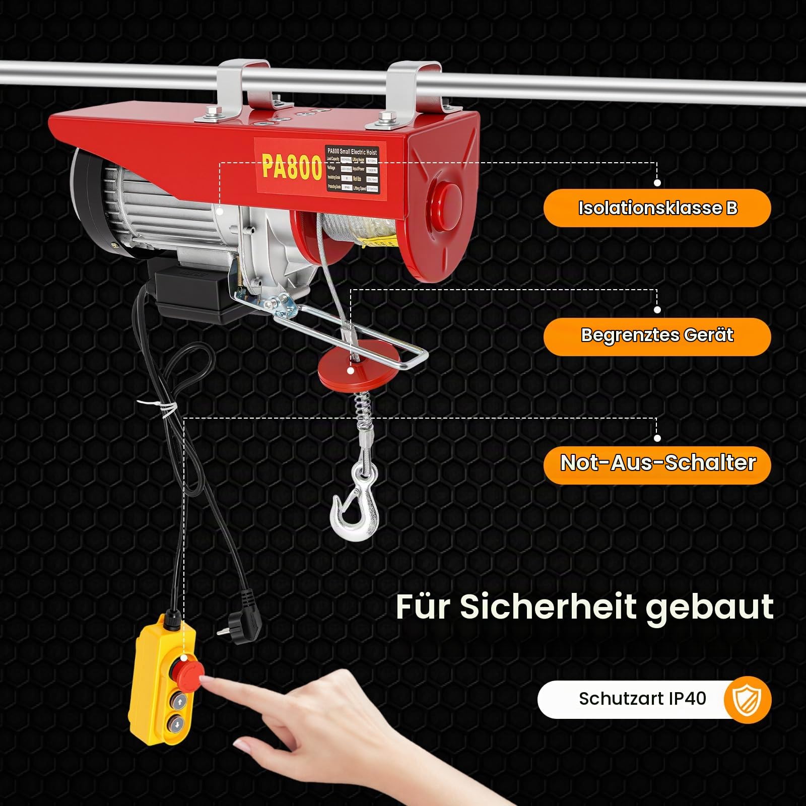 1300W Elektrische Seilwinde 400kg-800kg, Motorwinde Hubhöhe 12m, Seilhebezug Seilzug Winde Kran, Automatische Bremsfunktion, Überhitzungsschutz, 5mm Drahtseildurchmesser