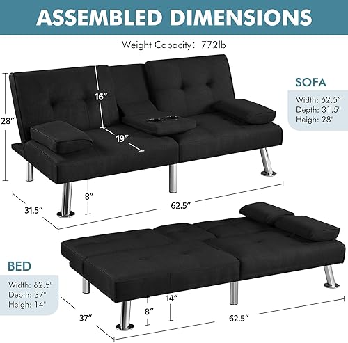 Miniatura 3 de Yaheetech Sofá cama convertible de tela ajustable, moderno, reclinable, reversible, cama de invitados plegable, reposabrazos extraíbles, portavasos,